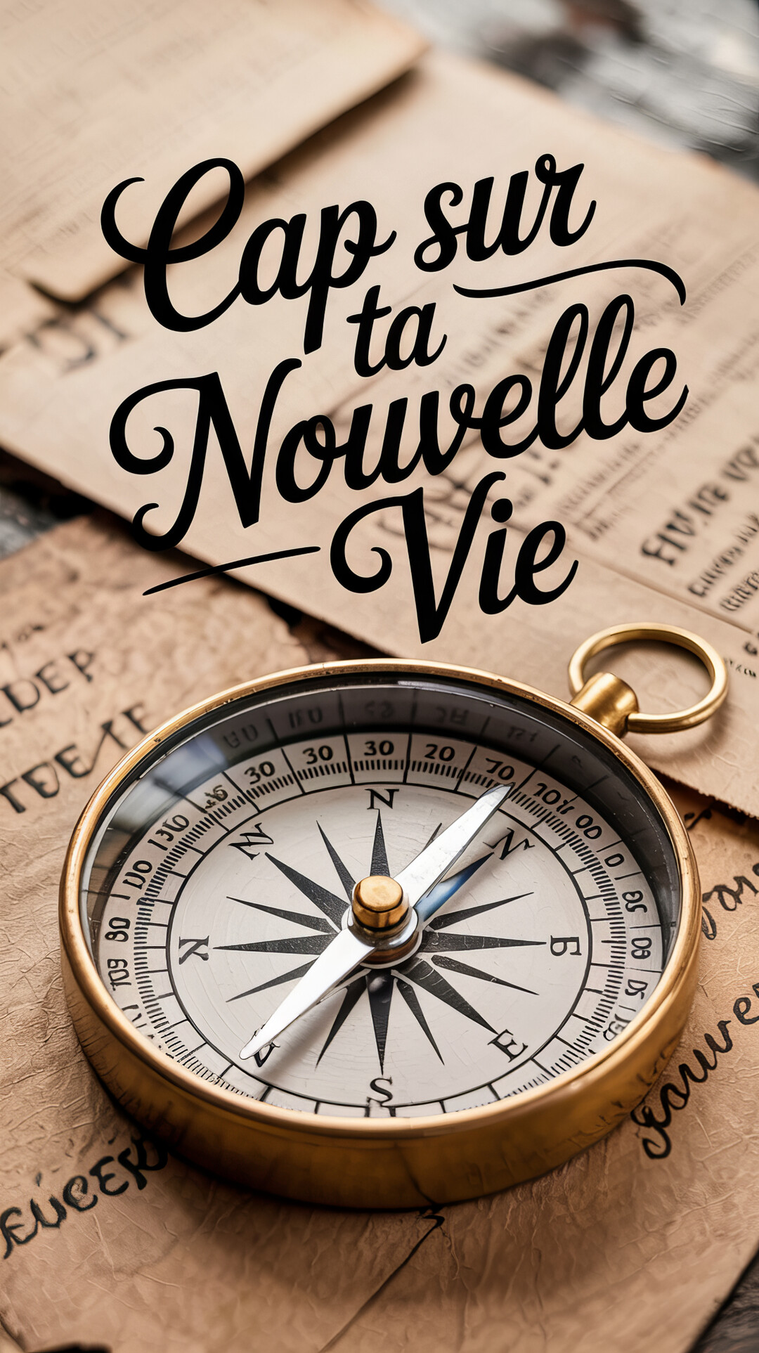 Une boussole dorée de style ancien est posée sur de vieux papiers manuscrits, avec une inscription calligraphiée 'Cap sur ta Nouvelle Vie'.