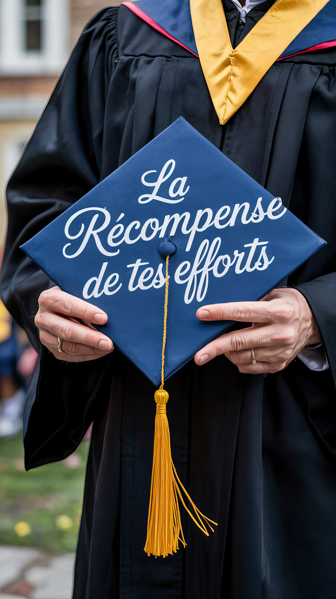Un étudiant en tenue de cérémonie tient dans ses mains un chapeau de diplômé bleu portant une inscription blanche et un pompon doré.