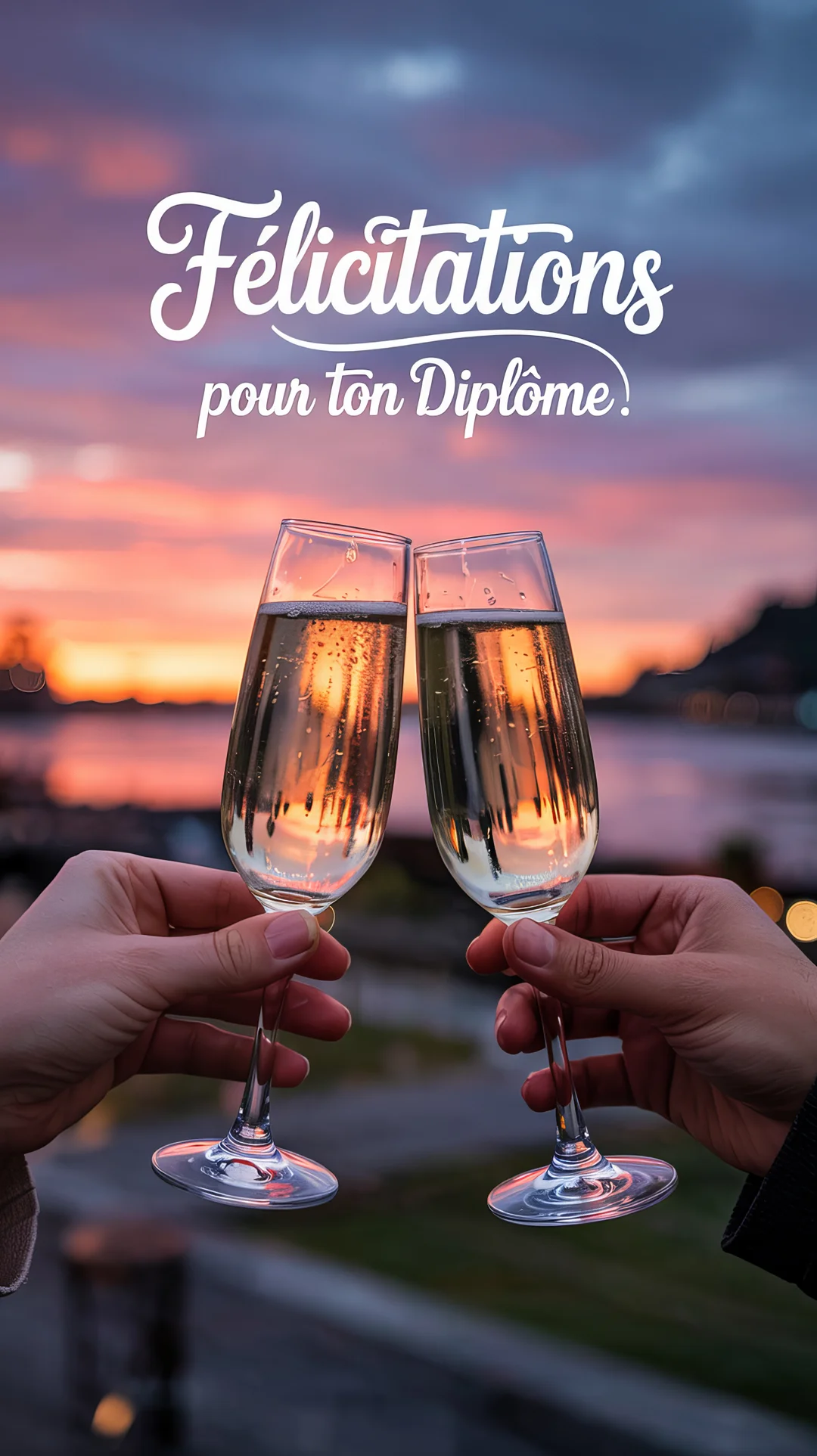 Deux mains tenant des flûtes de champagne qui se touchent pour trinquer devant un paysage urbain au crépuscule avec un ciel orangé.