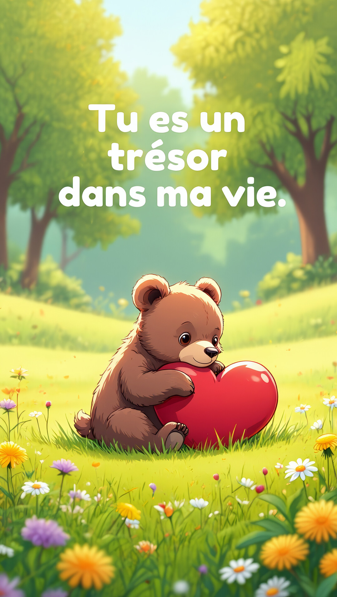 Un jeune ours brun de style dessin animé est assis dans une prairie verdoyante et enlace tendrement un grand cœur rouge vif.