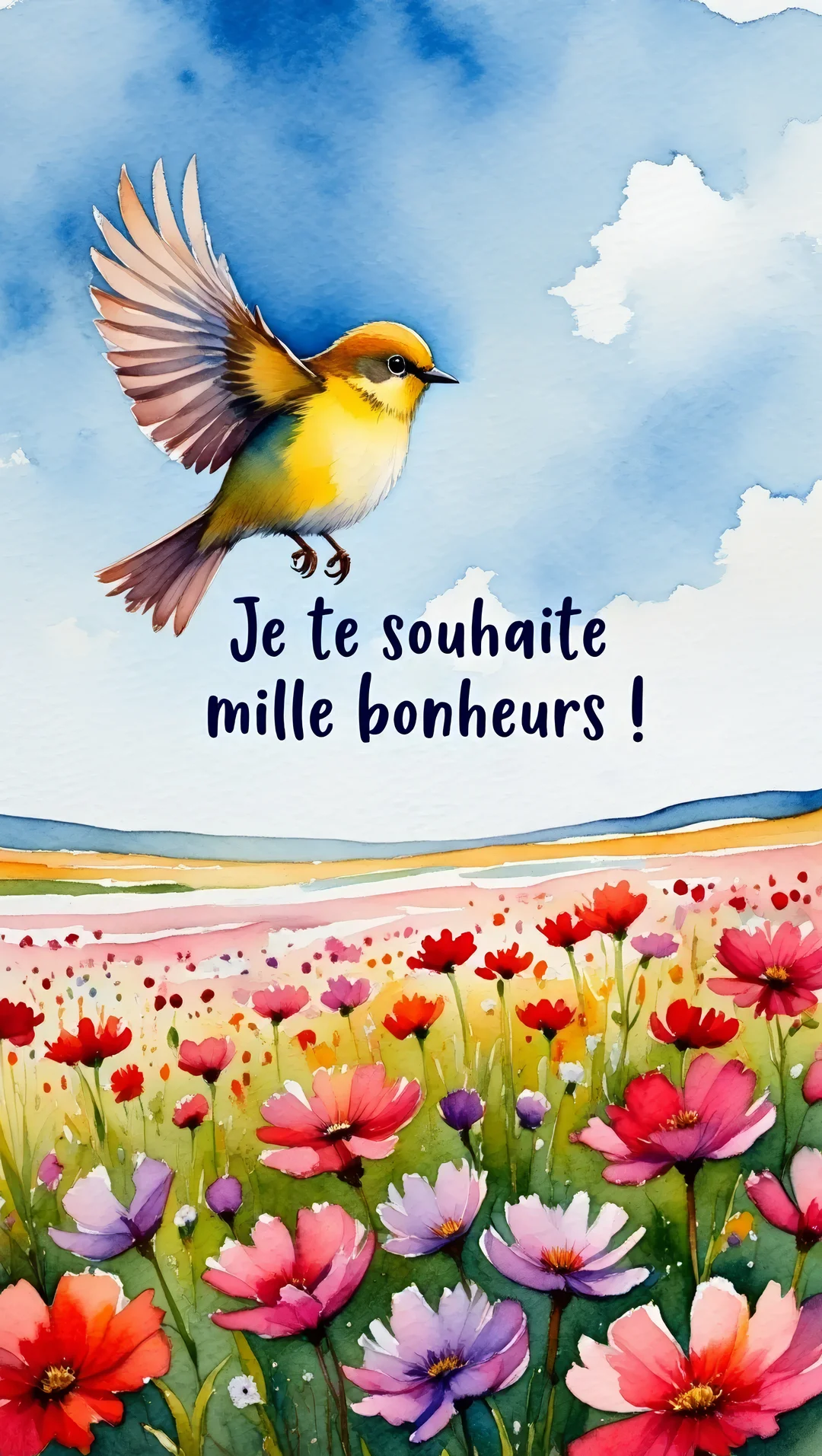 Un oiseau jaune aux ailes déployées vole dans un ciel bleu au-dessus d'une prairie parsemée de fleurs roses, rouges et violettes, dans un style aquarelle.