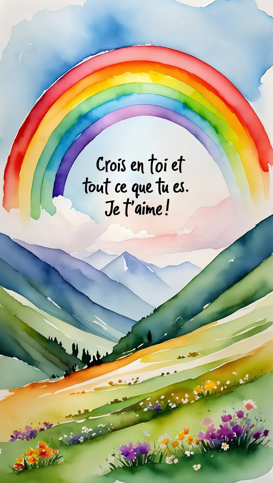 Une peinture à l'aquarelle d'un paysage montagneux verdoyant sous un grand arc-en-ciel coloré, avec une citation inspirante sur la confiance en soi.
