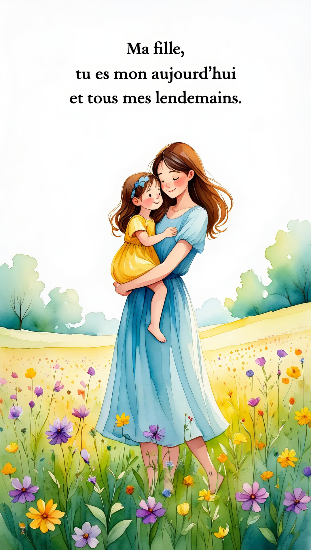 Une mère en robe bleue serre affectueusement sa petite fille en robe jaune dans ses bras, au milieu d'un champ de fleurs sauvages.