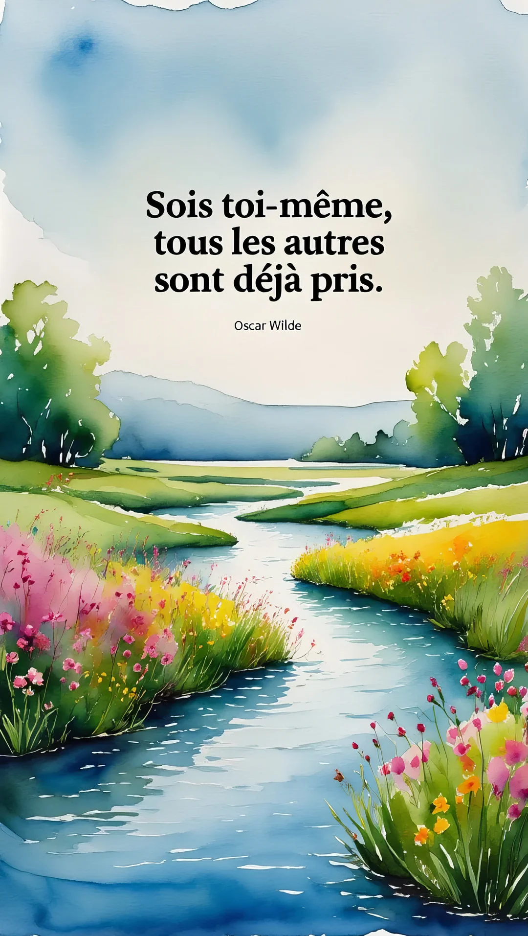Une citation d'Oscar Wilde est superposée à un paysage bucolique peint à l'aquarelle, représentant une rivière serpentant à travers des prairies fleuries.