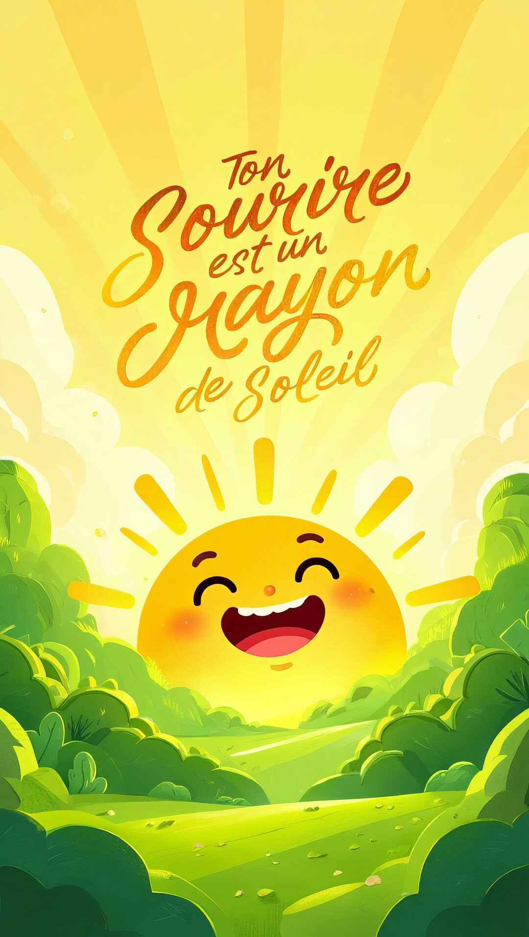 Un soleil de style dessin animé, avec un grand sourire, se lève sur des collines verdoyantes sous un ciel jaune éclatant.