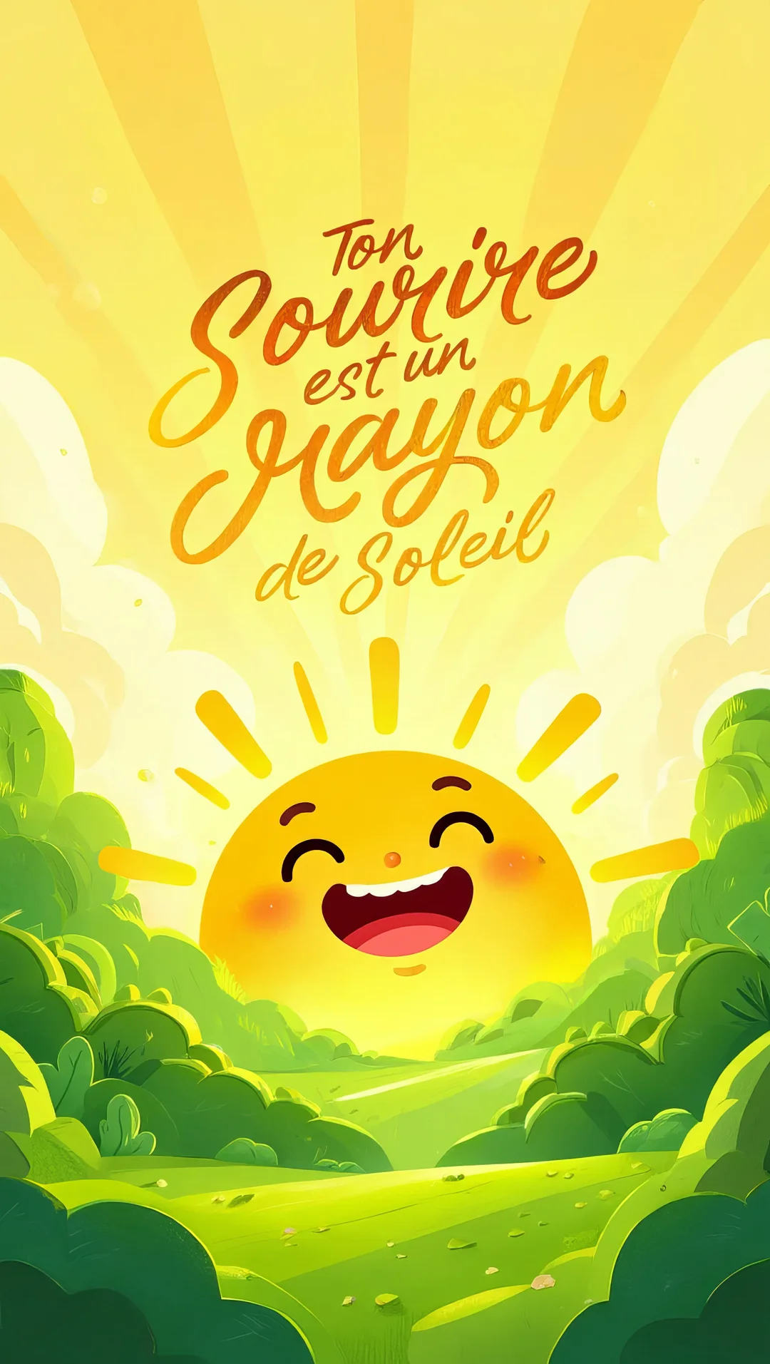 Un soleil de style dessin animé, avec un grand sourire, se lève sur des collines verdoyantes sous un ciel jaune éclatant.