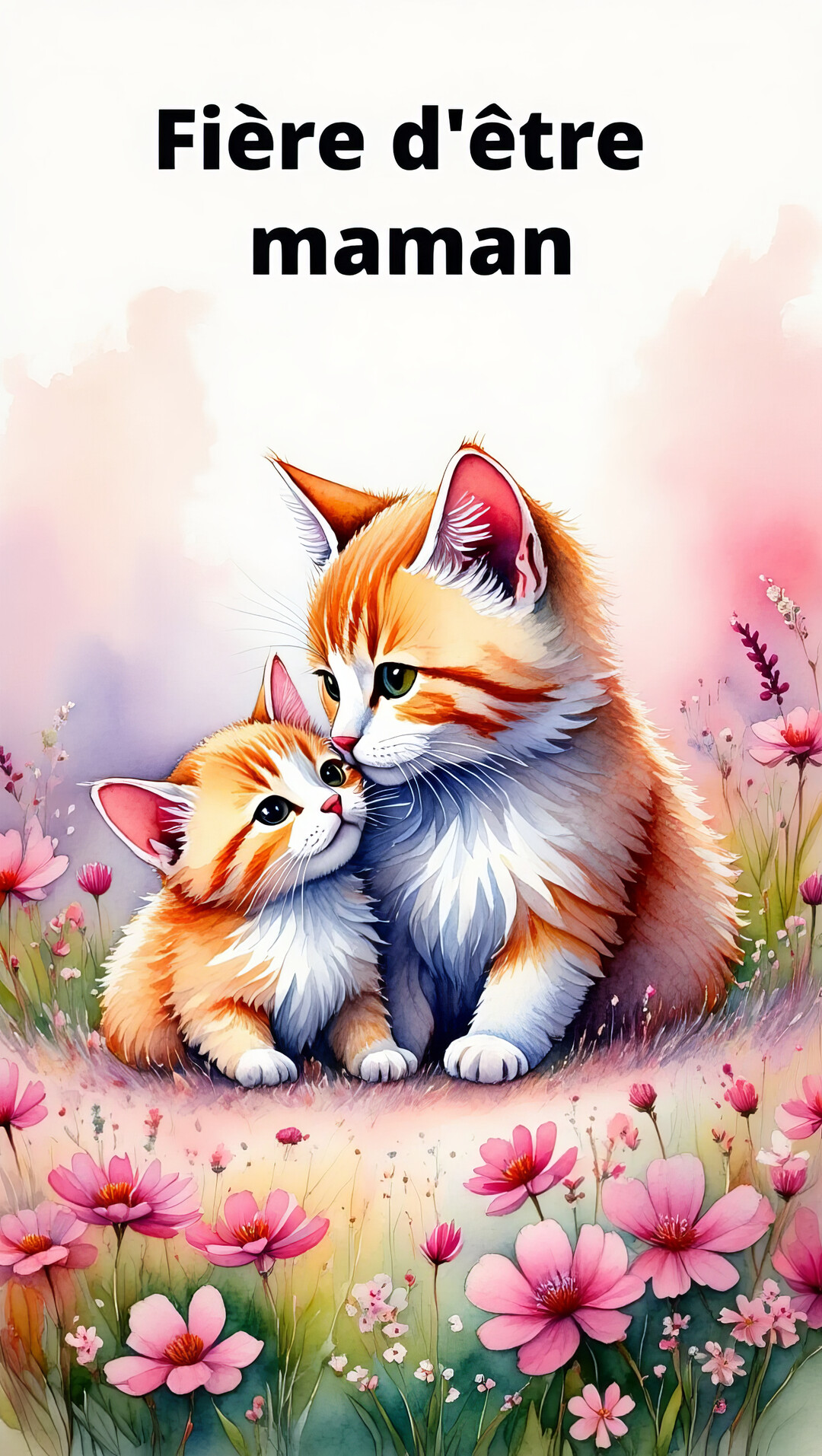 Une maman chat roux et blanc câline tendrement son chaton au milieu de fleurs roses, dans un style aquarelle doux et lumineux.