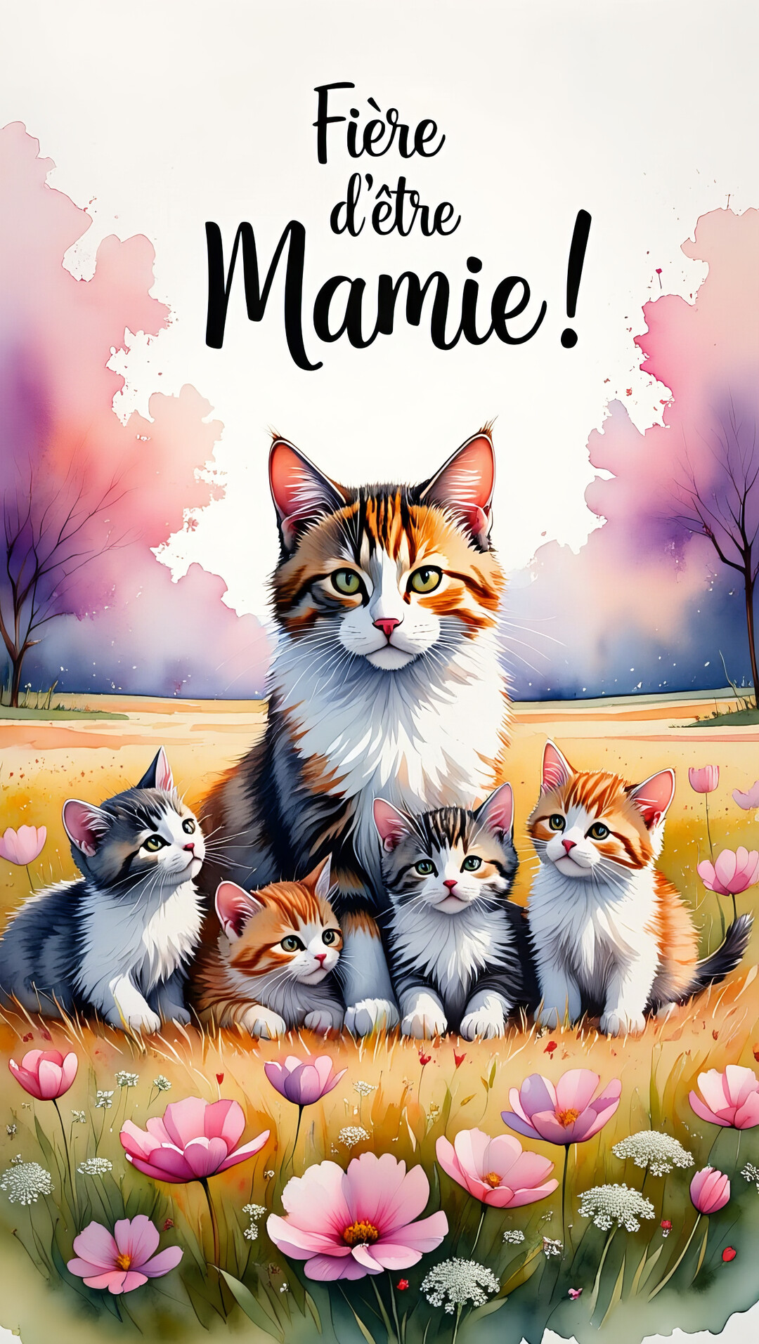 Une chatte calico et ses quatre chatons sont assis dans une prairie fleurie, sous le texte 'Fière d'être Mamie !', dans un style aquarelle.