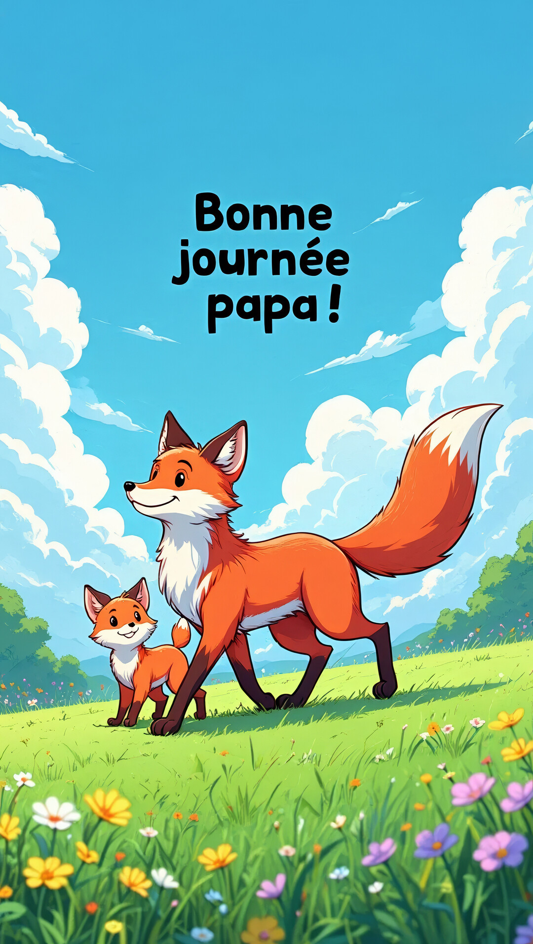 Un renard adulte et son petit marchent joyeusement dans un champ d'herbe verte sous un ciel bleu, illustrant un lien paternel tendre.