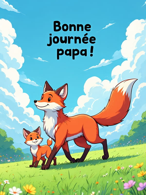 Illustration d'un papa renard et de son renardeau se promenant dans une prairie fleurie, avec le texte 'Bonne journée papa !' dans le ciel.