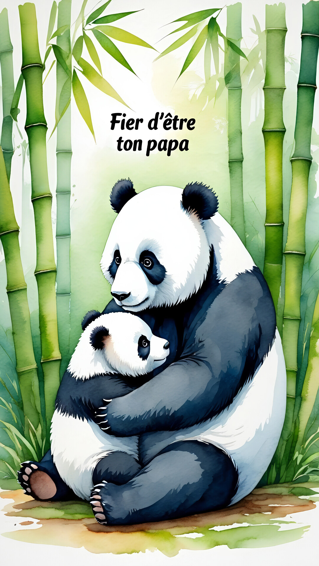 Un papa panda à l'aquarelle serre affectueusement son petit dans ses bras, tous deux assis au milieu d'une dense forêt de bambous verts.