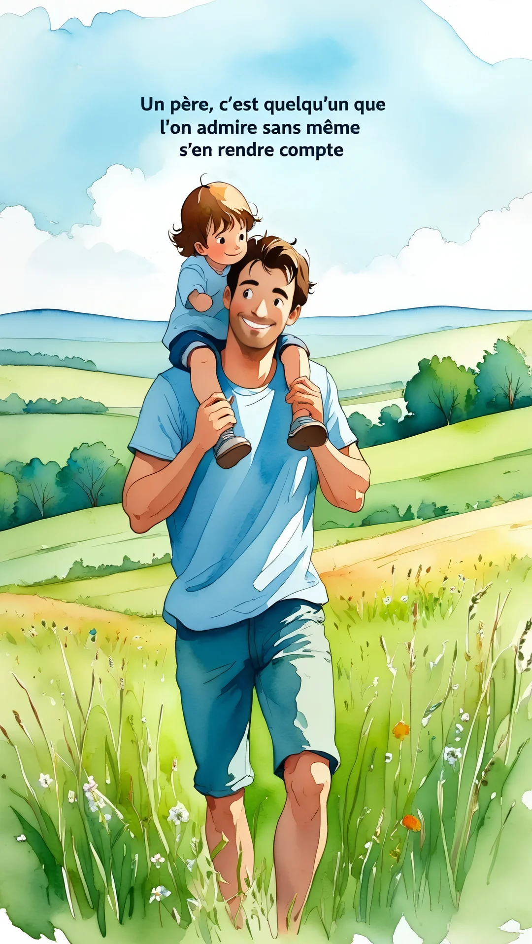 Illustration à l'aquarelle d'un père heureux portant son enfant sur les épaules, marchant dans un pré ensoleillé sous un ciel bleu.