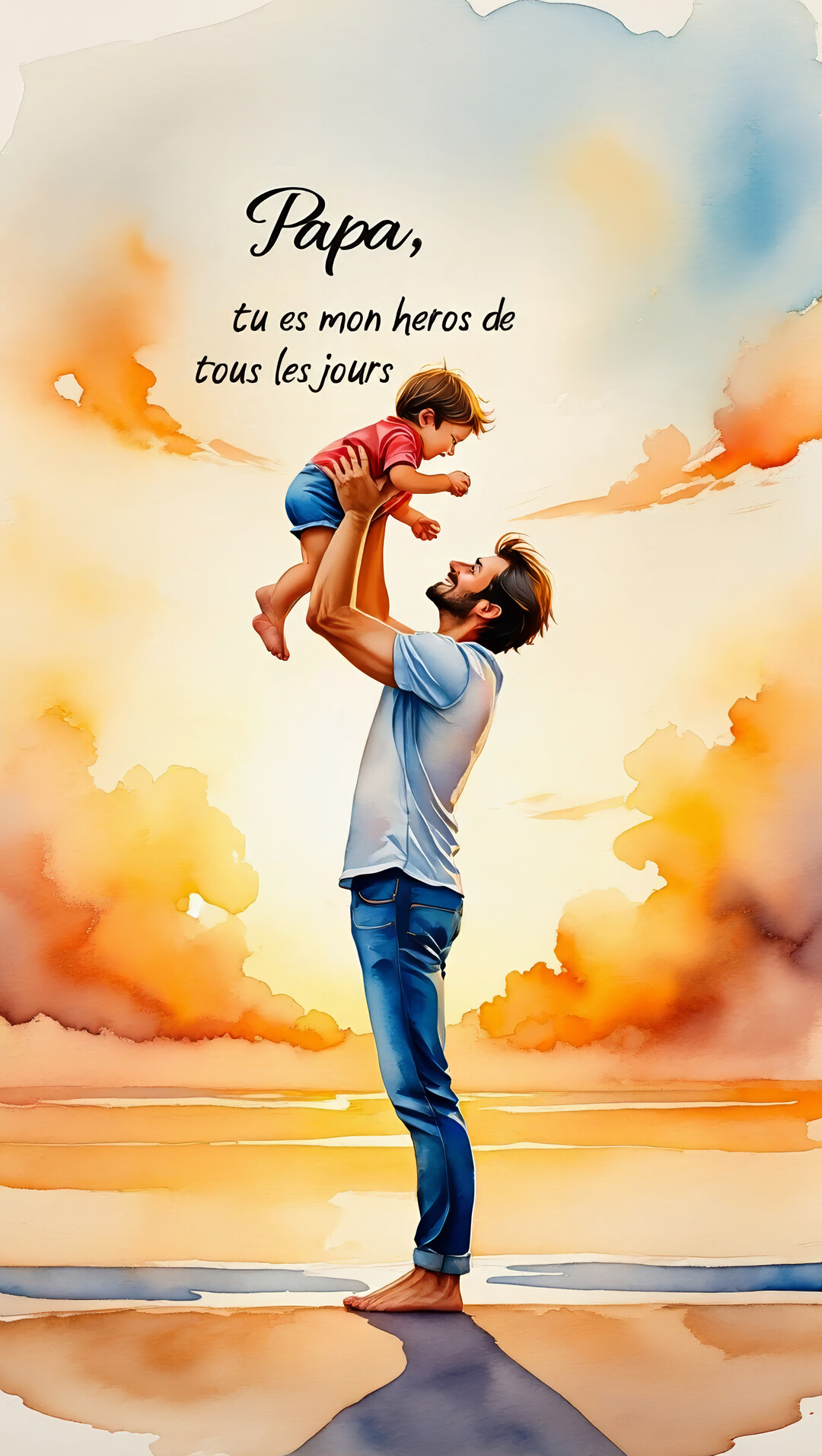 Illustration à l'aquarelle d'un père souriant qui porte joyeusement son jeune fils dans les bras, sur une plage au coucher du soleil.