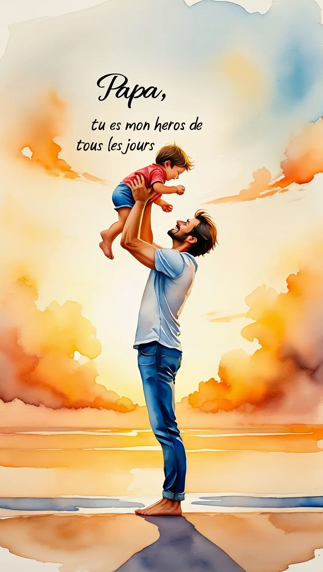 Illustration à l'aquarelle d'un père souriant qui porte joyeusement son jeune fils dans les bras, sur une plage au coucher du soleil.
