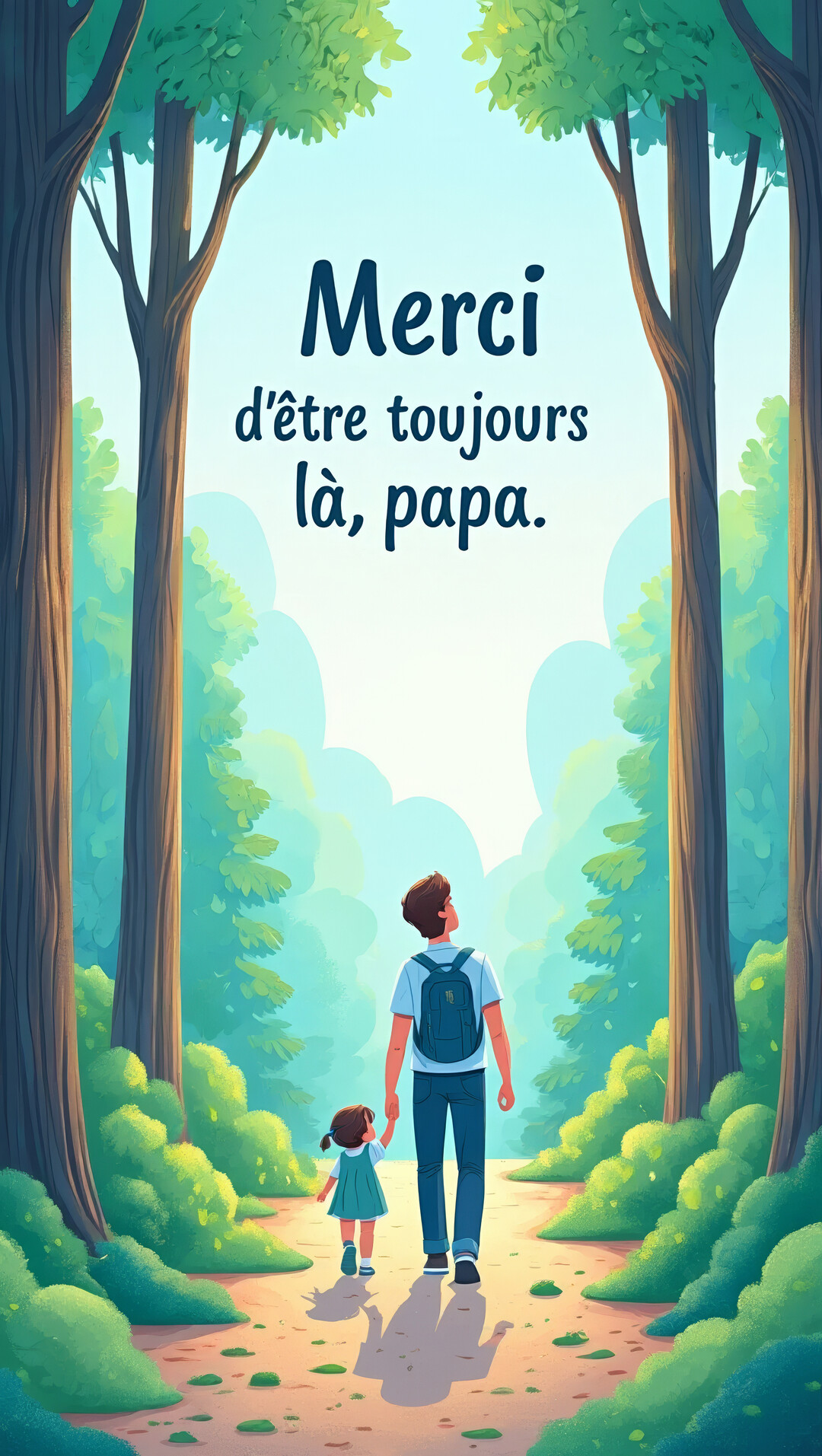 Un père vu de dos, tenant la main de sa petite fille, marche sur un sentier lumineux au milieu d'une forêt verdoyante.
