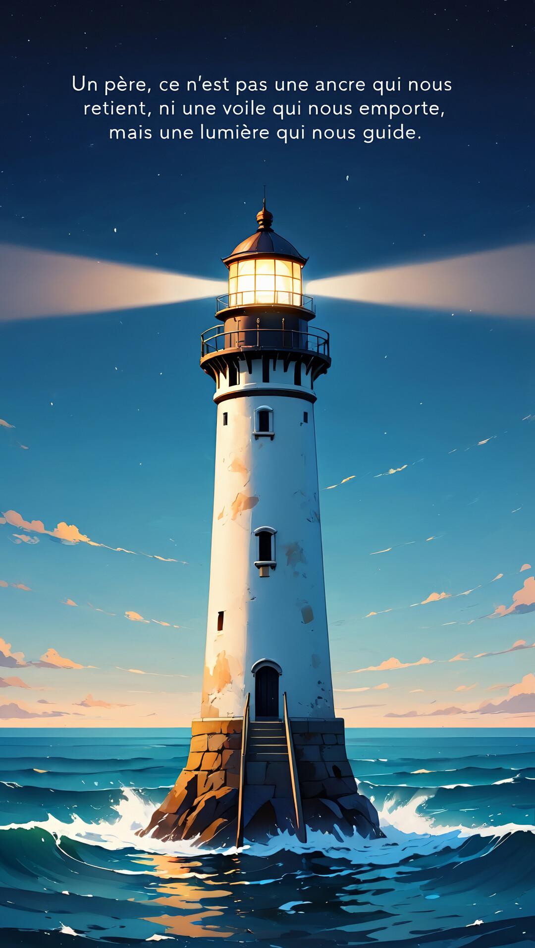 Une illustration d'un phare blanc illuminant une mer agitée sous un ciel nocturne, symbolisant un guide sûr et protecteur pour son enfant.