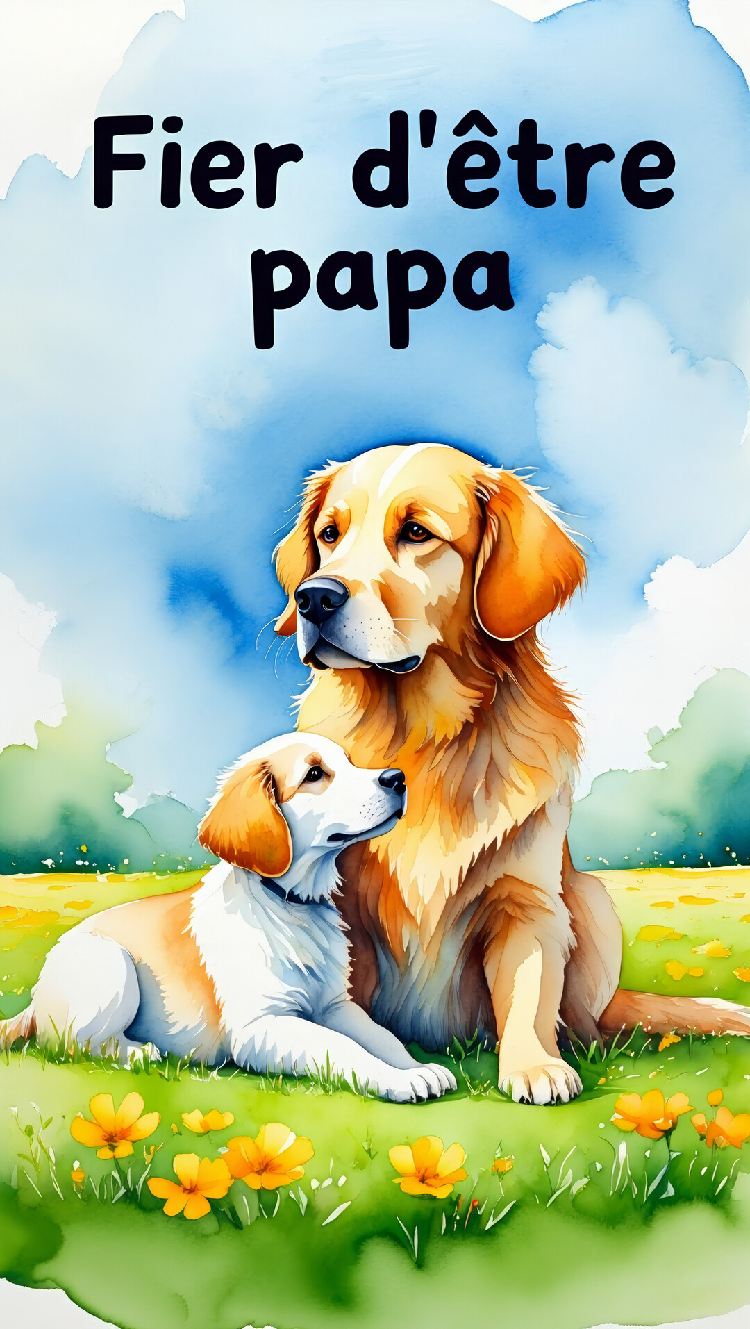 Une illustration à l'aquarelle représente un grand chien doré et un chiot blanc et or assis côte à côte dans une prairie verdoyante.