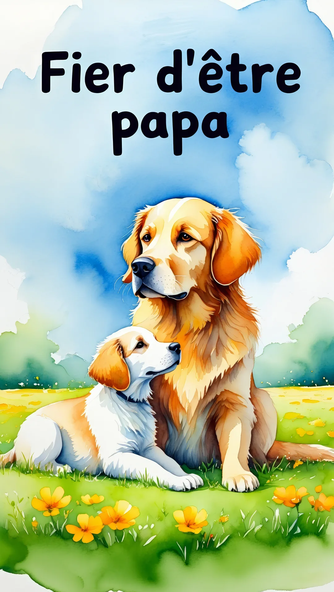 Une illustration à l'aquarelle représente un grand chien doré et un chiot blanc et or assis côte à côte dans une prairie verdoyante.