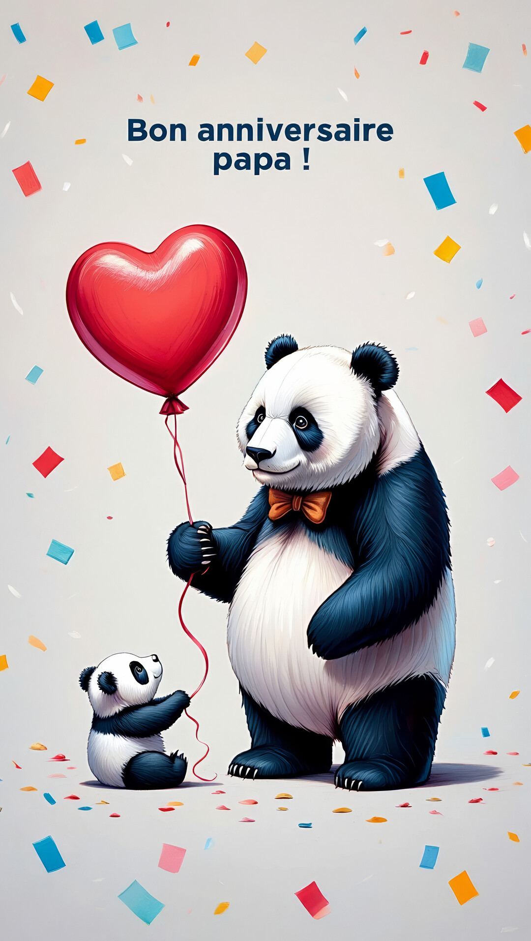 Un papa panda et son petit célèbrent un anniversaire avec un ballon en forme de cœur sous une pluie de confettis colorés.