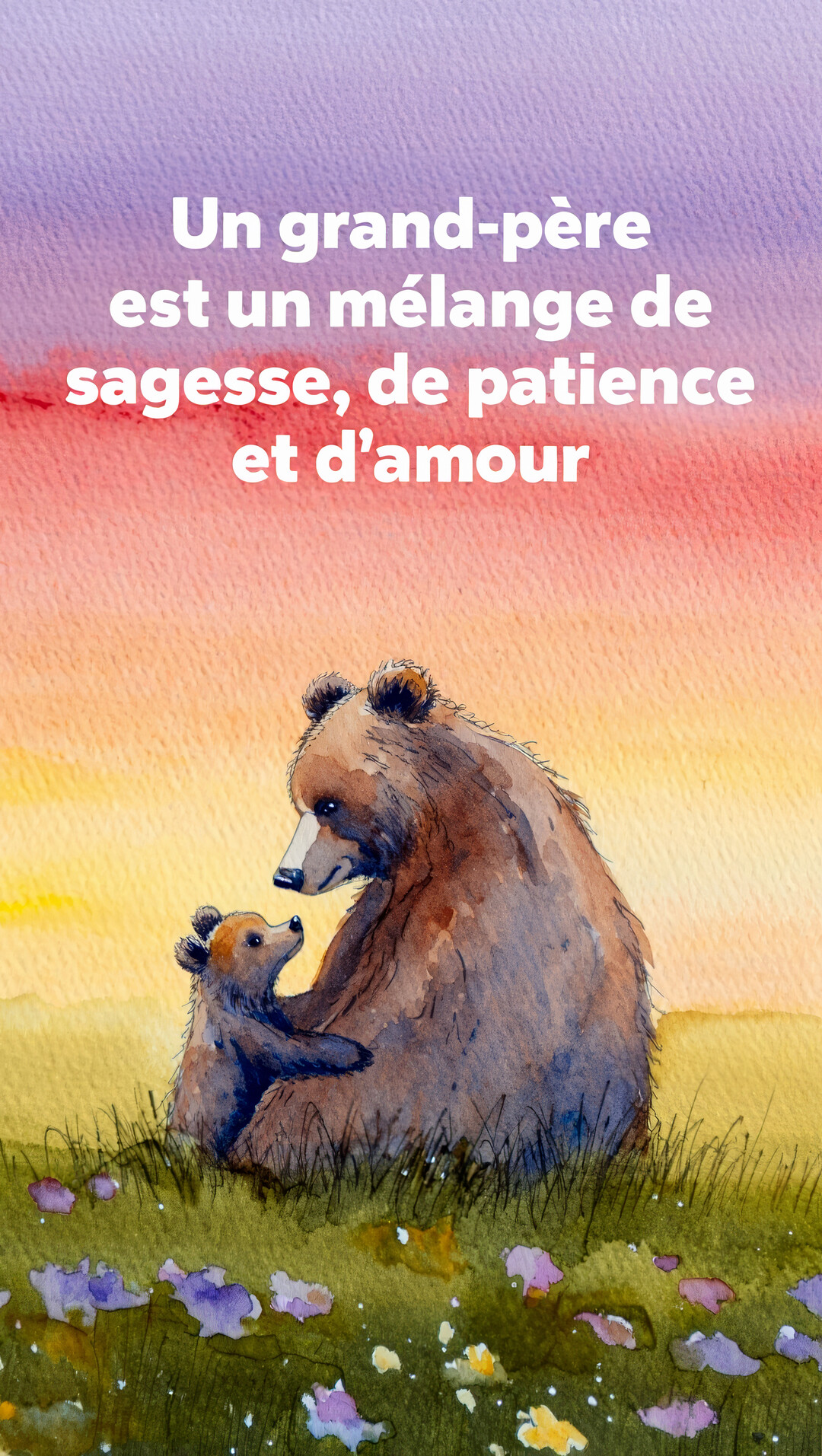 Une peinture à l'aquarelle représente un ours adulte et un ourson assis dans l'herbe, se regardant tendrement sous un ciel coloré.