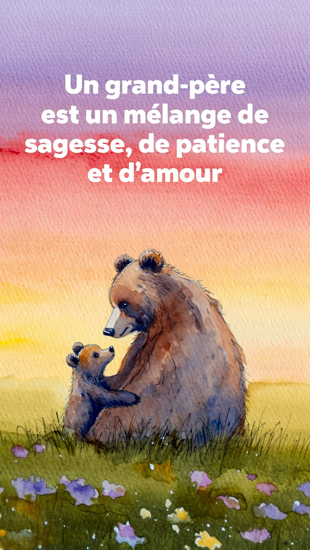 Une peinture à l'aquarelle représente un ours adulte et un ourson assis dans l'herbe, se regardant tendrement sous un ciel coloré.