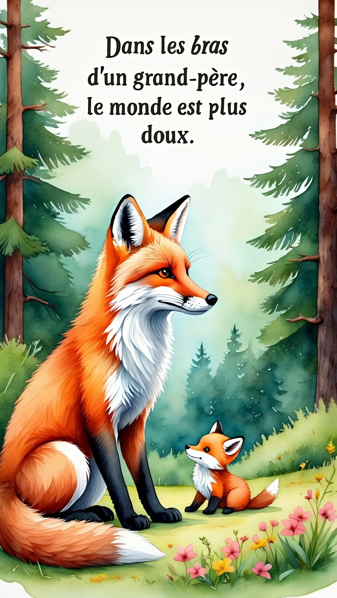 Un grand renard roux est assis à côté d'un petit renardeau dans une clairière verdoyante, entourés de sapins et de petites fleurs.