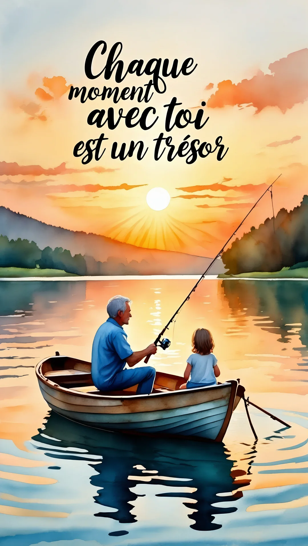 Un homme âgé et une enfant sont assis dans une barque sur l'eau, pêchant face à un soleil couchant sur des montagnes.