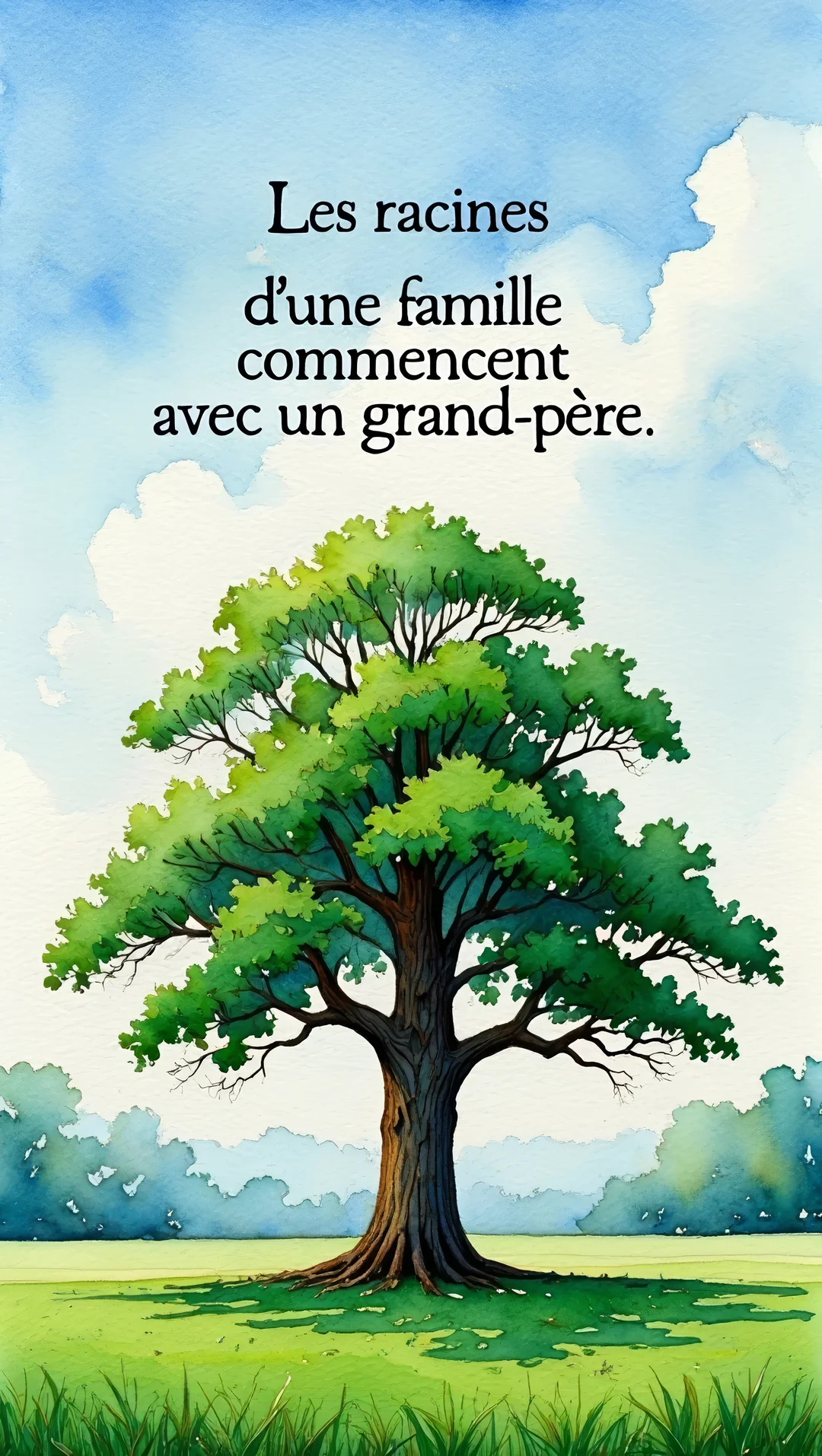 Une illustration à l'aquarelle d'un grand arbre verdoyant dans une prairie, sous un ciel bleu nuageux, avec une citation sur les grands-pères.