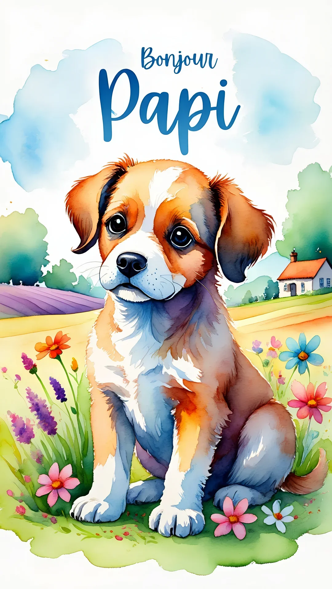Un jeune chiot marron et blanc est assis dans un pré fleuri, avec l'inscription 'Bonjour Papi' au-dessus de lui, dans un style aquarelle.