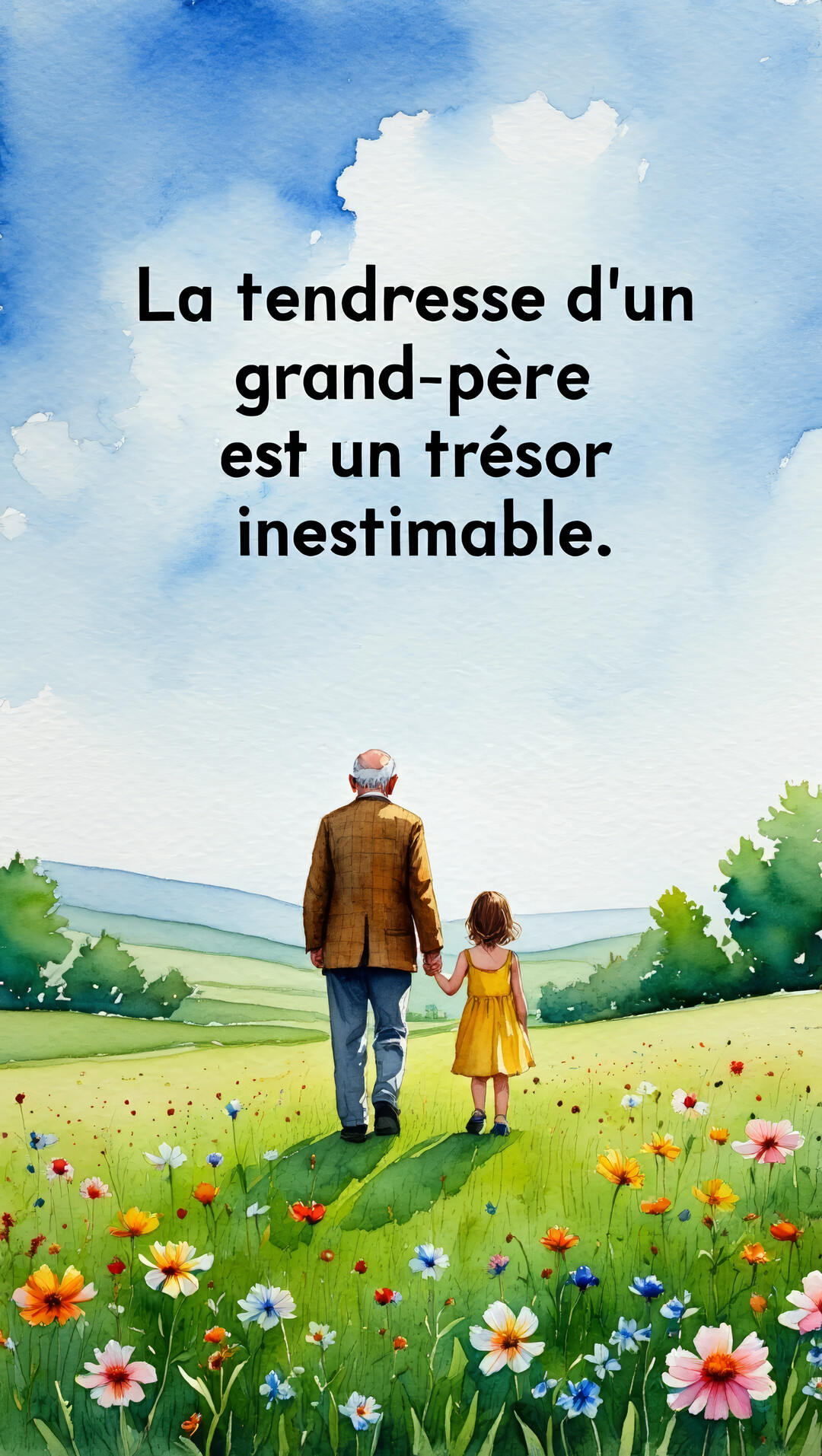 Un homme âgé et une petite fille se promènent de dos, main dans la main, à travers une prairie fleurie sous un ciel bleu.