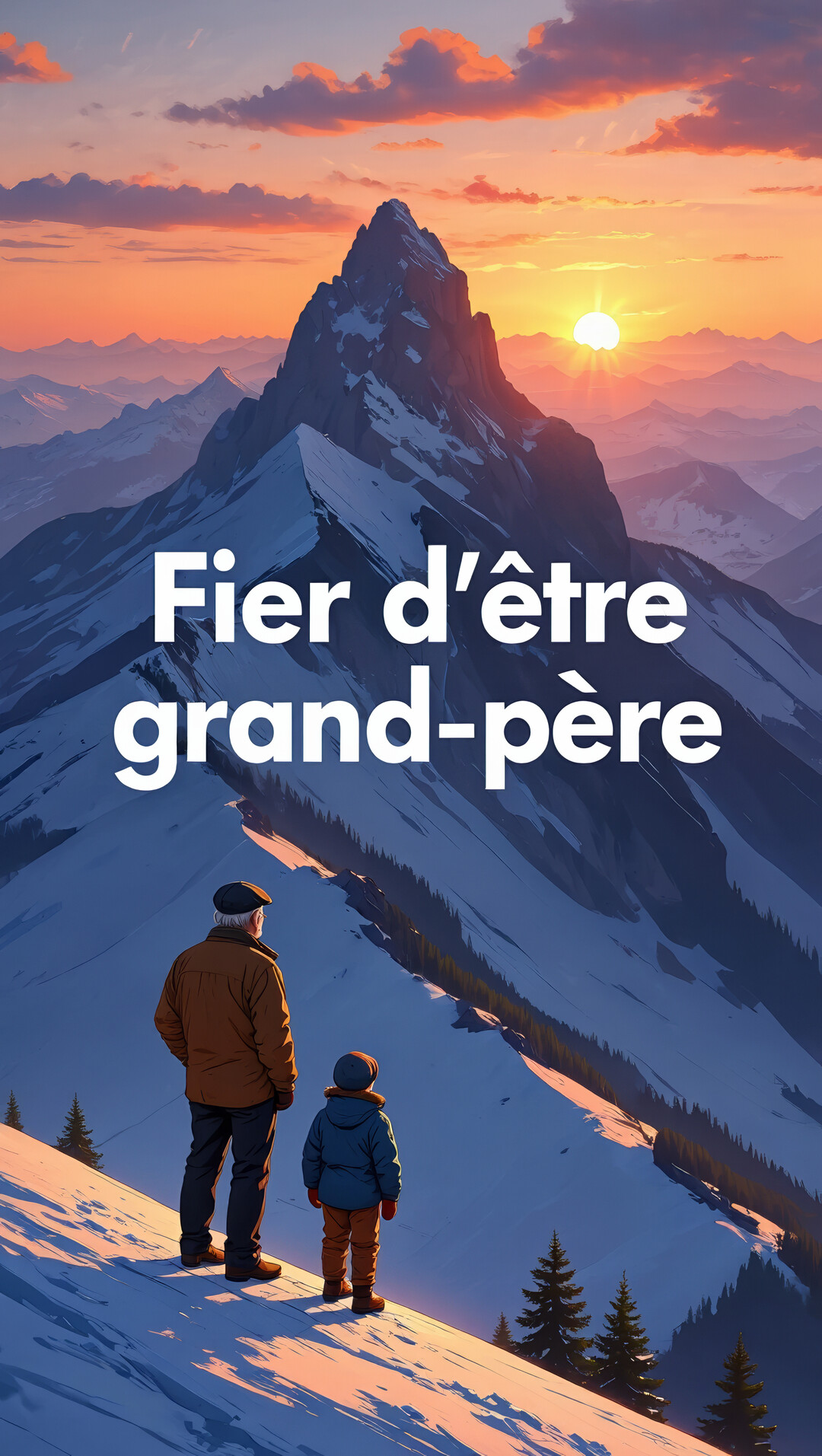 Un homme âgé et un jeune garçon, vus de dos, se tiennent sur une pente enneigée, admirant une chaîne de montagnes majestueuse au soleil couchant.