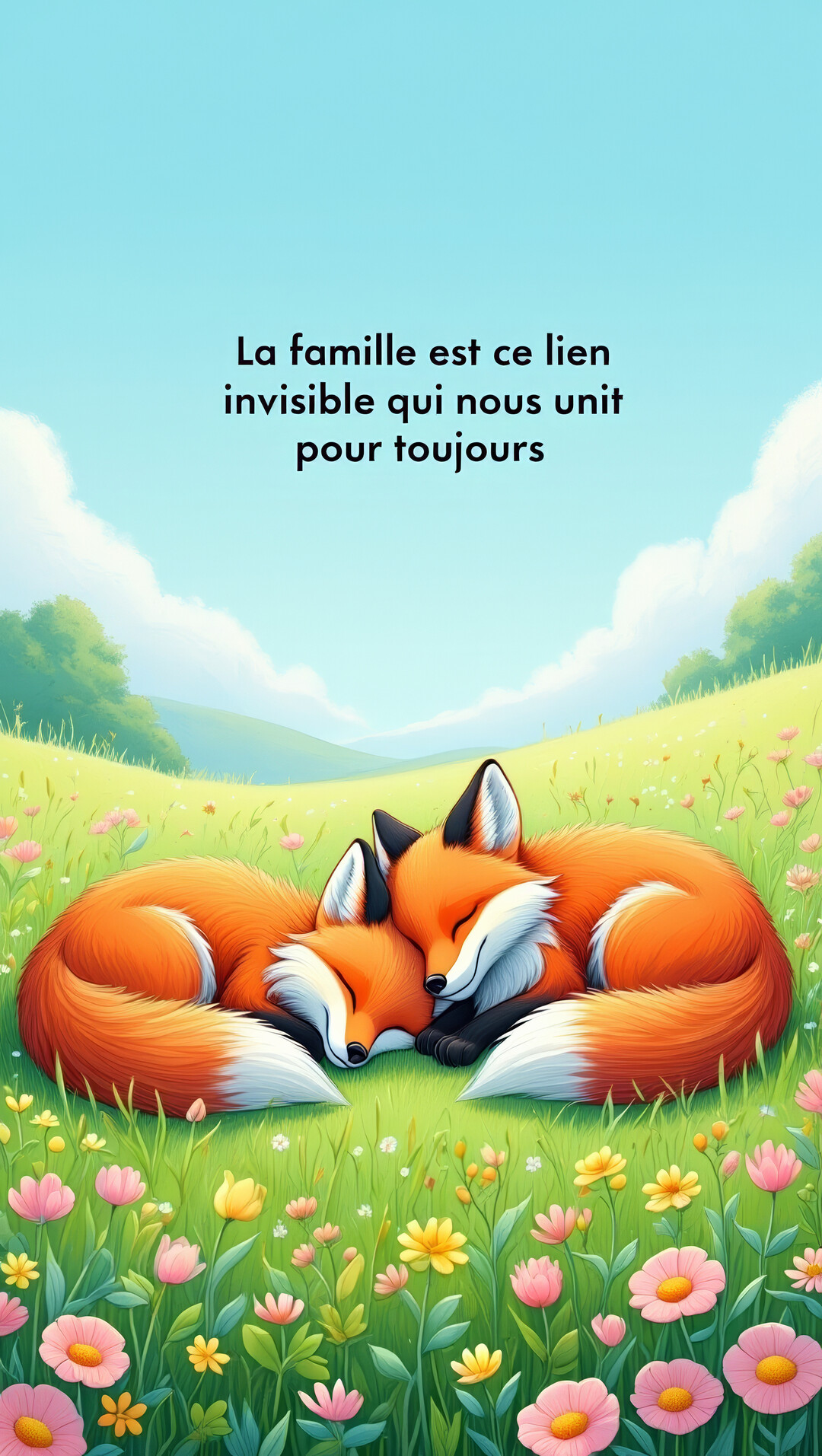 Une illustration représente deux renards roux et blancs endormis et enlacés dans une prairie verdoyante et fleurie, sous un ciel bleu.