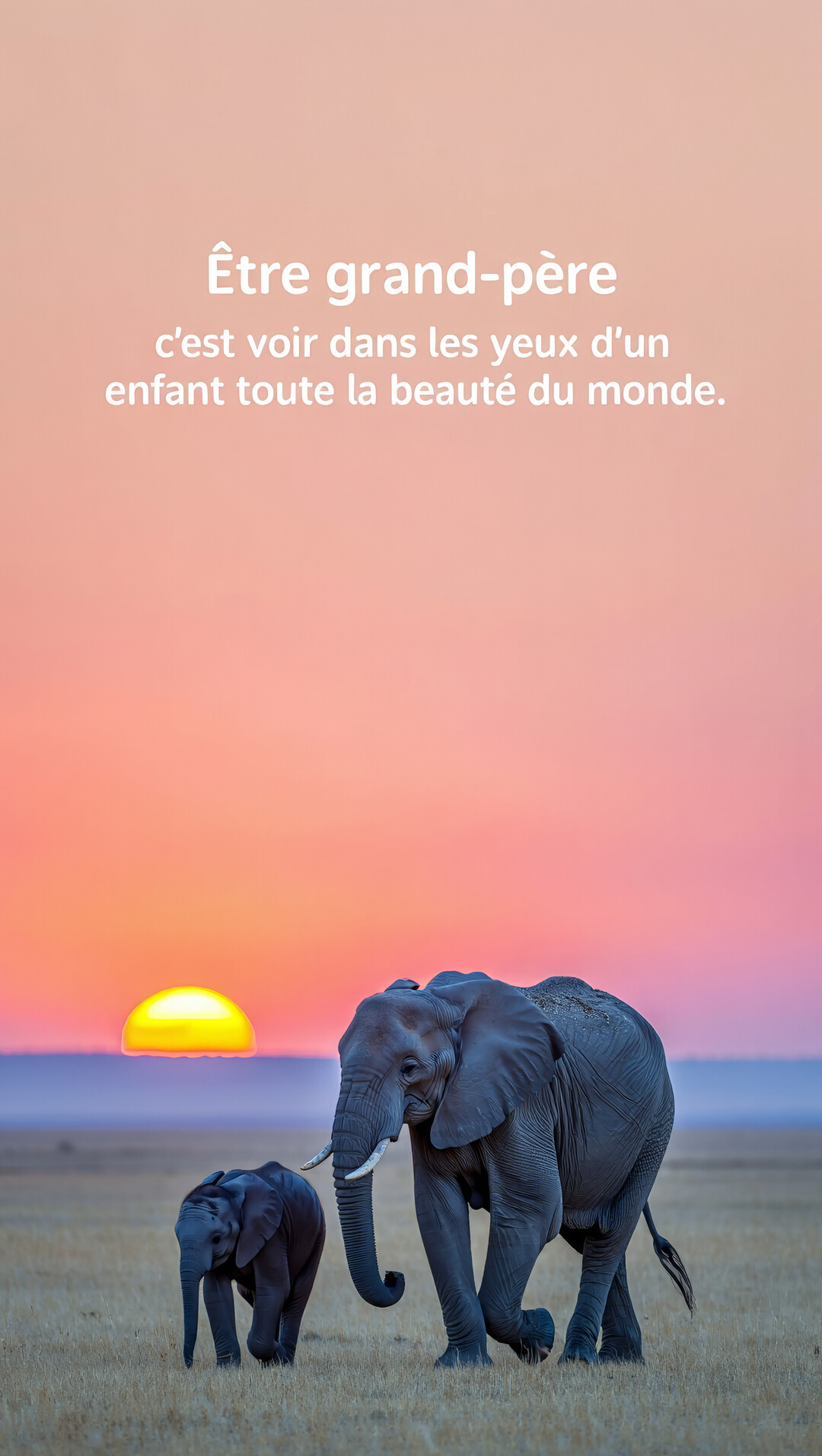 Un éléphant adulte et son petit marchent dans la savane au crépuscule, sous une citation poétique dédiée aux grands-pères.