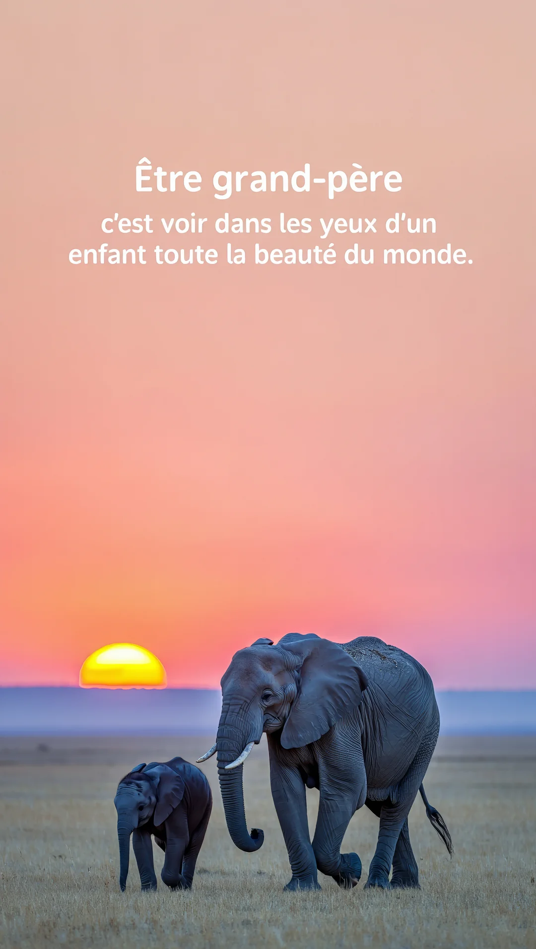 Un éléphant adulte et son petit marchent dans la savane au crépuscule, sous une citation poétique dédiée aux grands-pères.