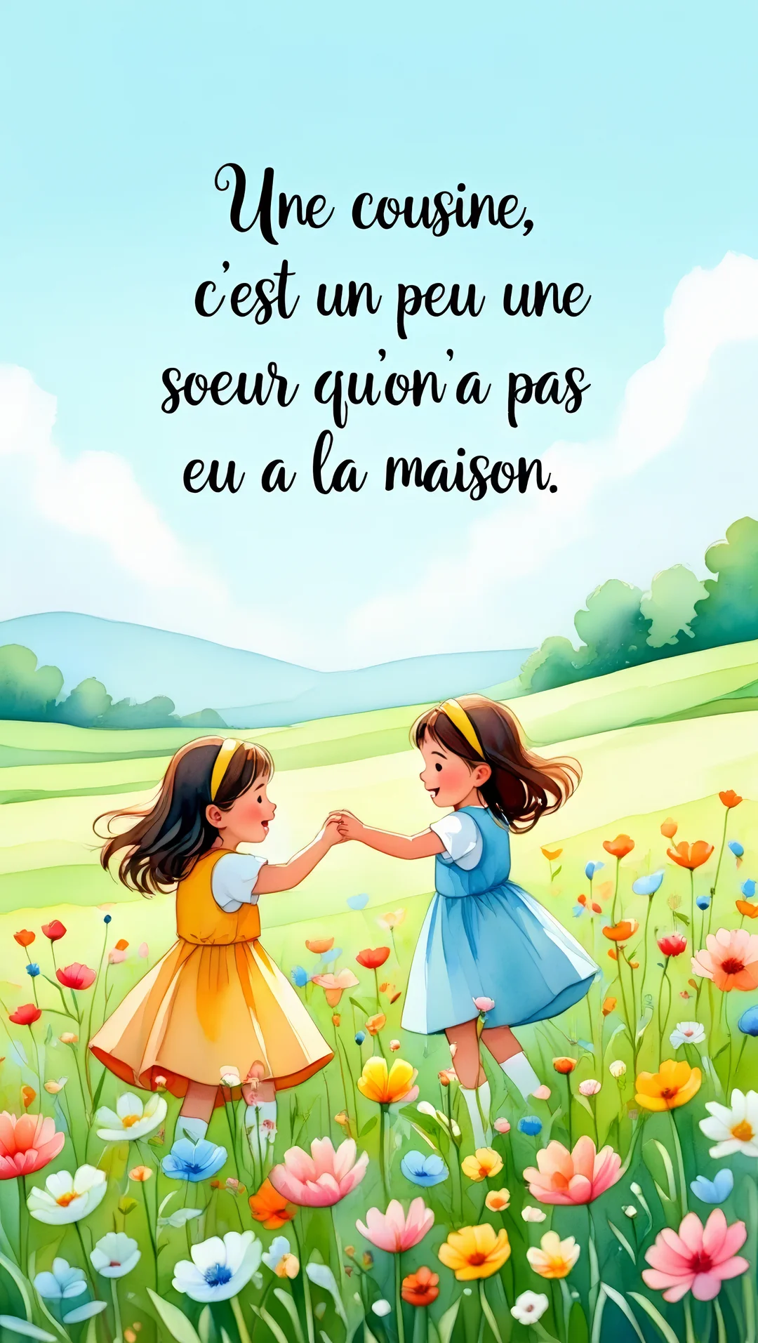 Une illustration à l'aquarelle de deux jeunes filles en robe se tenant la main au milieu d'un champ de fleurs colorées sous un ciel bleu.