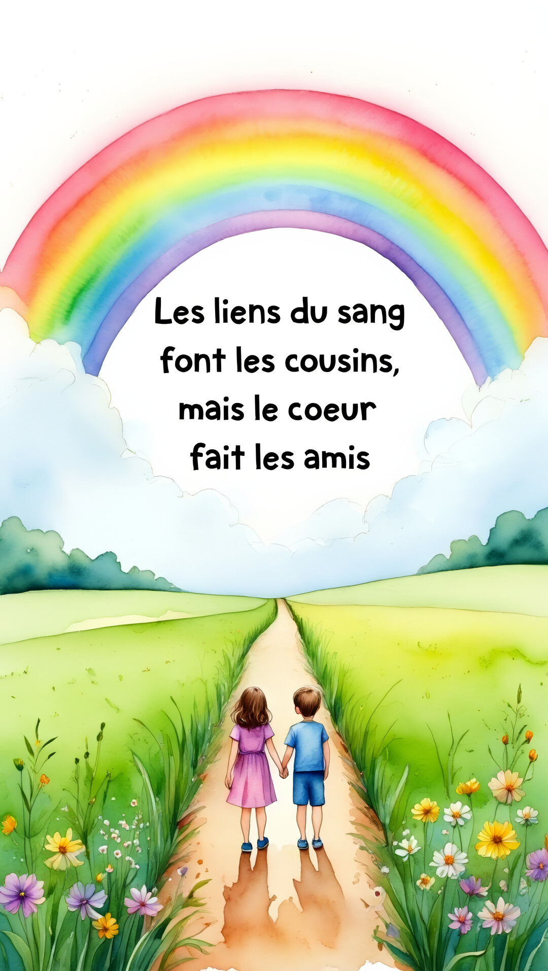Cette carte représente une scène à l'aquarelle d'un jeune garçon et d'une fille marchant main dans la main sur un sentier sous un arc-en-ciel.
