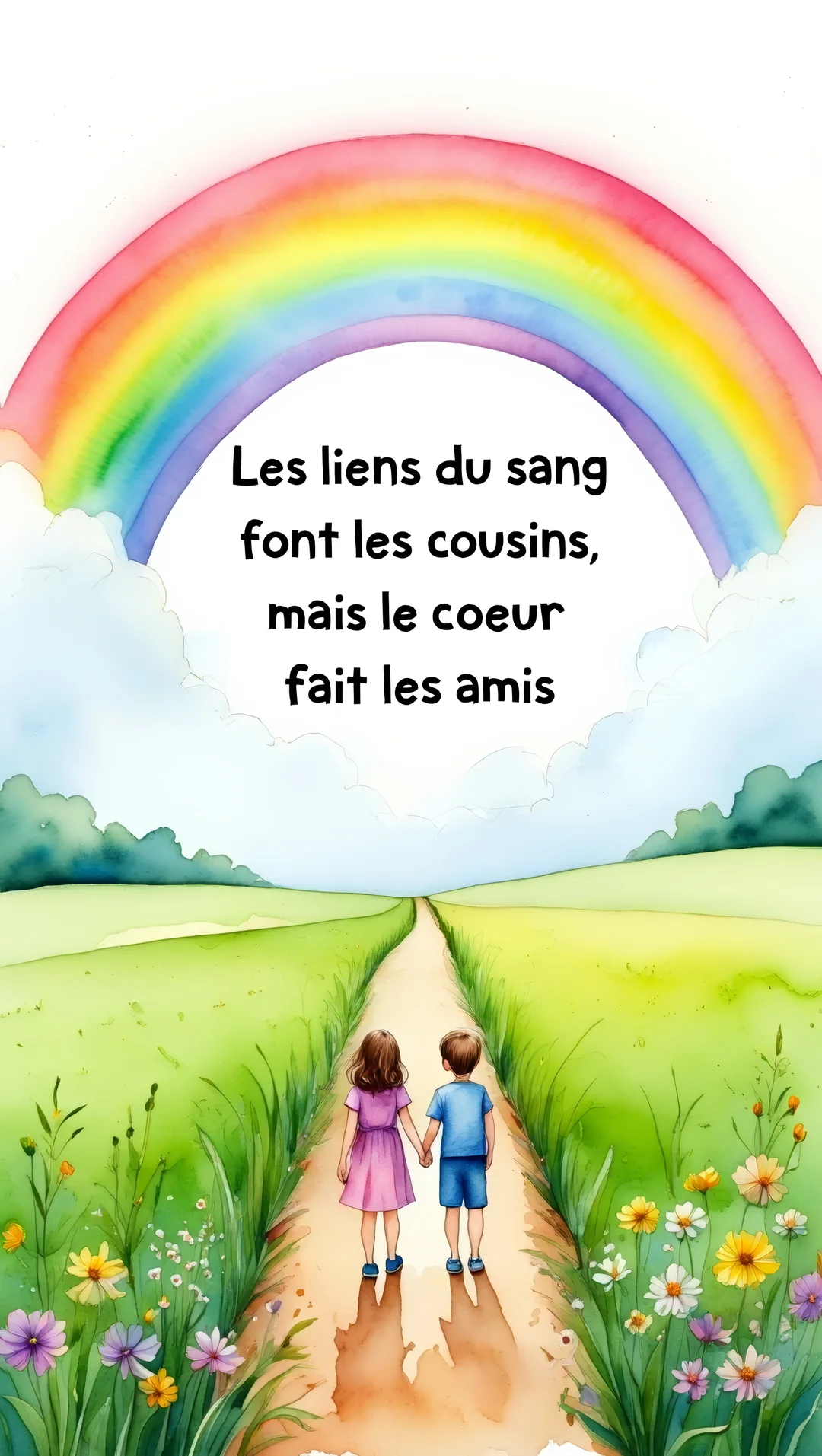 Cette carte représente une scène à l'aquarelle d'un jeune garçon et d'une fille marchant main dans la main sur un sentier sous un arc-en-ciel.