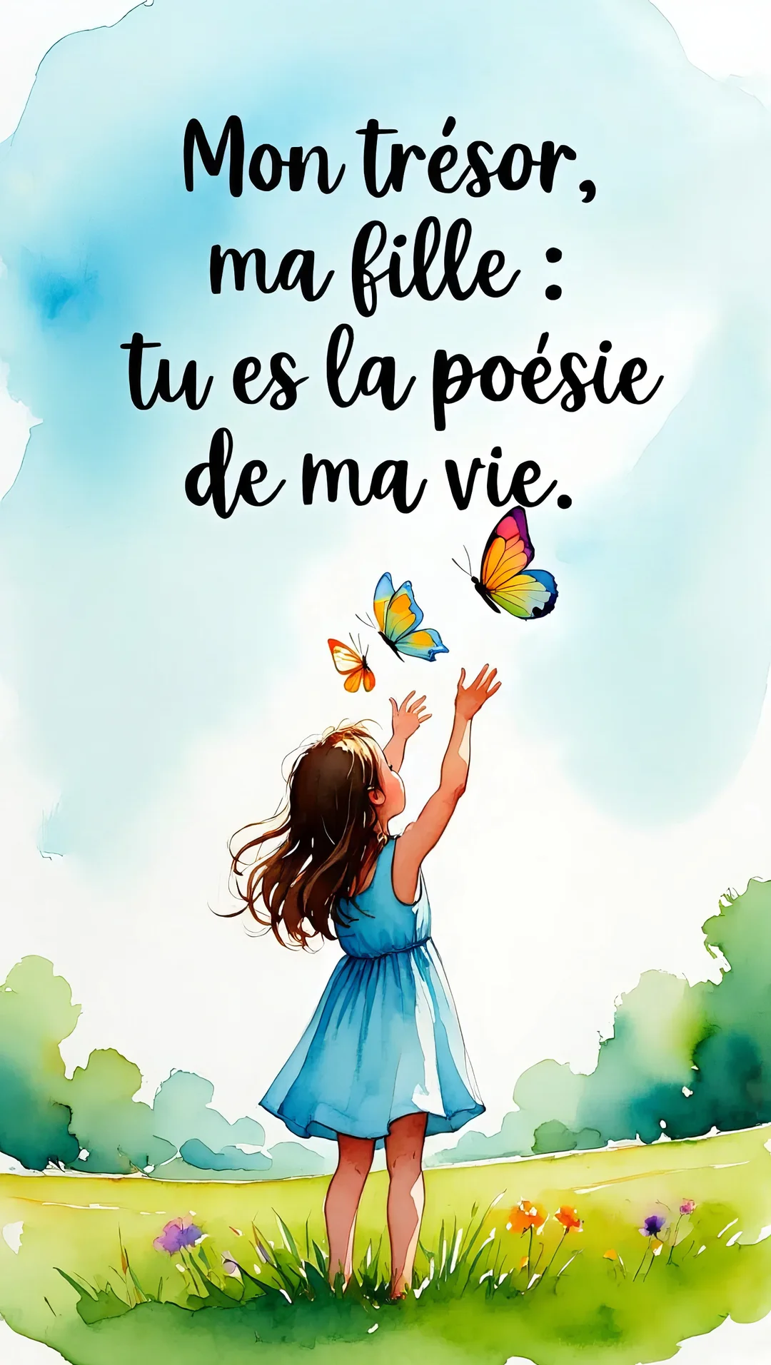 Une illustration à l'aquarelle d'une petite fille de dos dans un pré, levant les bras vers des papillons sous un ciel bleu.