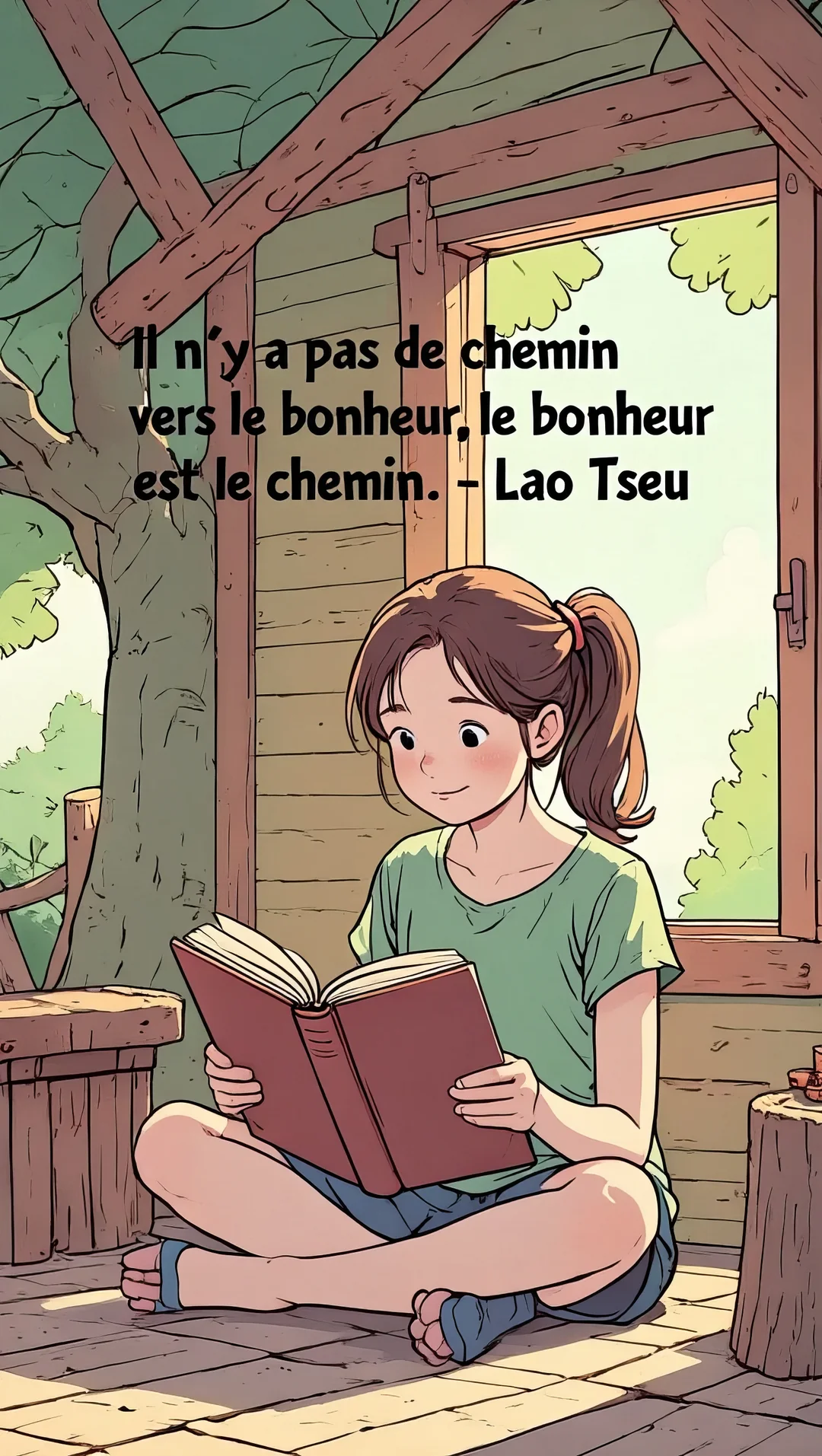 Dans un style manga, une jeune fille aux cheveux bruns lit un livre sur le porche d'une cabane en bois, entourée par la nature.