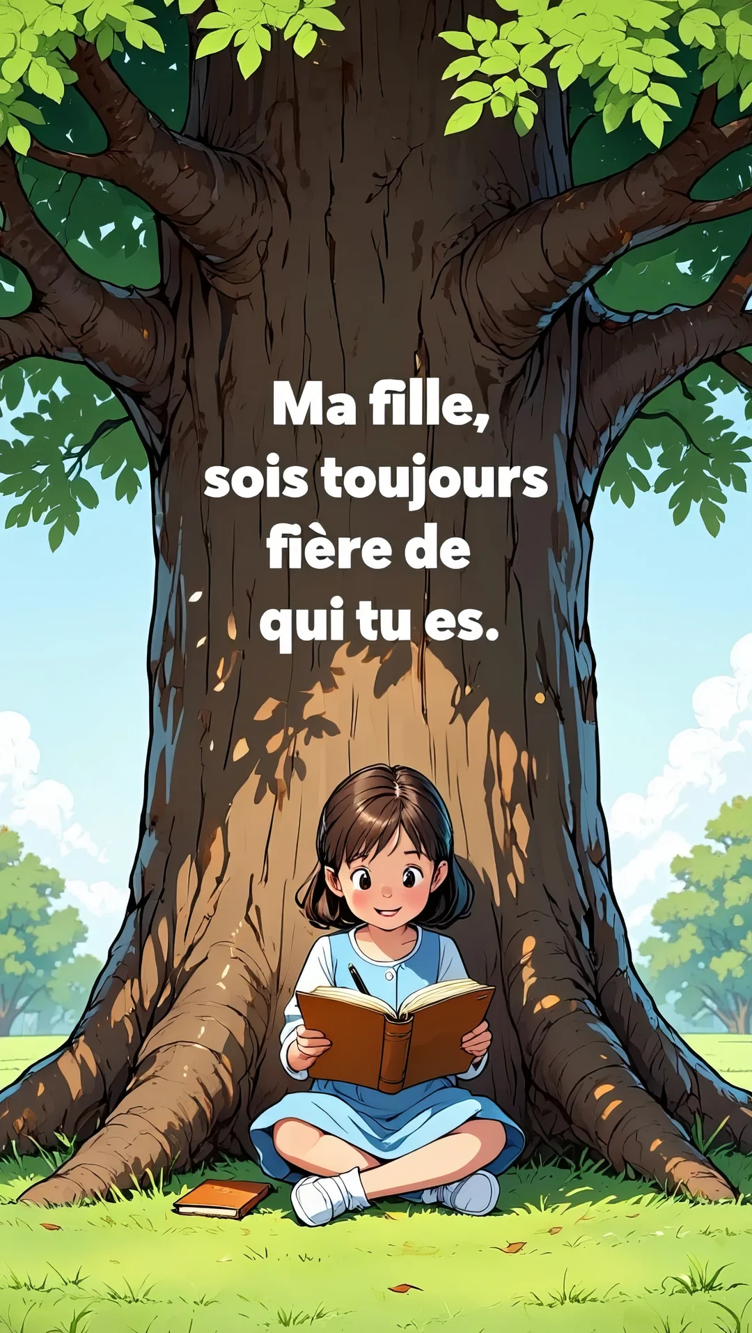 Une jeune fille, de style manga, est assise dans l'herbe sous un arbre majestueux et écrit dans un livre ouvert sur ses genoux.