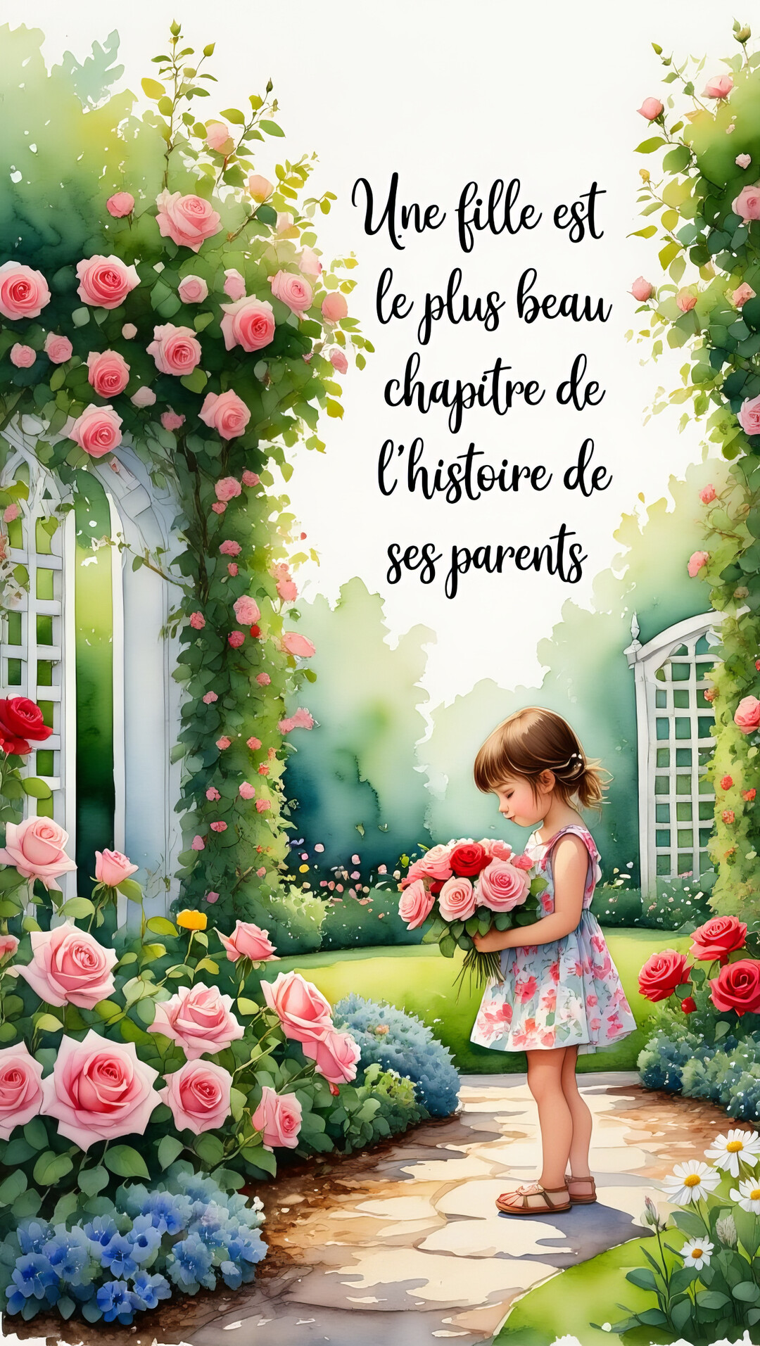 Une illustration à l'aquarelle d'une jeune fille en robe fleurie tenant un bouquet de roses roses et rouges dans un jardin luxuriant.