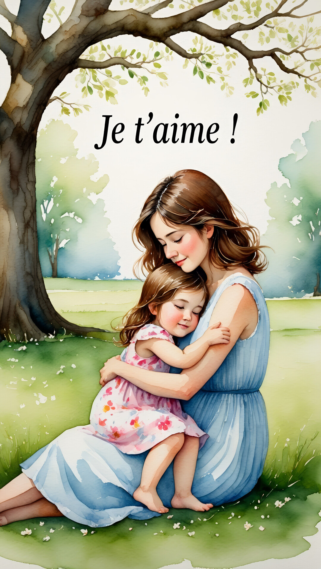 Une illustration à l'aquarelle d'une femme brune embrassant une petite fille, assises ensemble dans l'herbe verte sous un grand arbre feuillu.