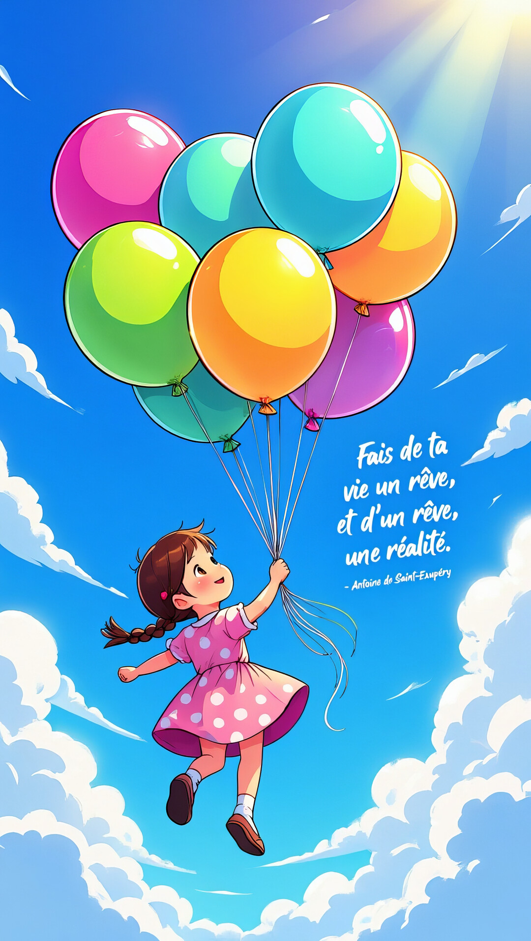 Scène de style manga d'une petite fille souriante qui s'envole dans un ciel ensoleillé, en tenant une grappe de ballons multicolores.