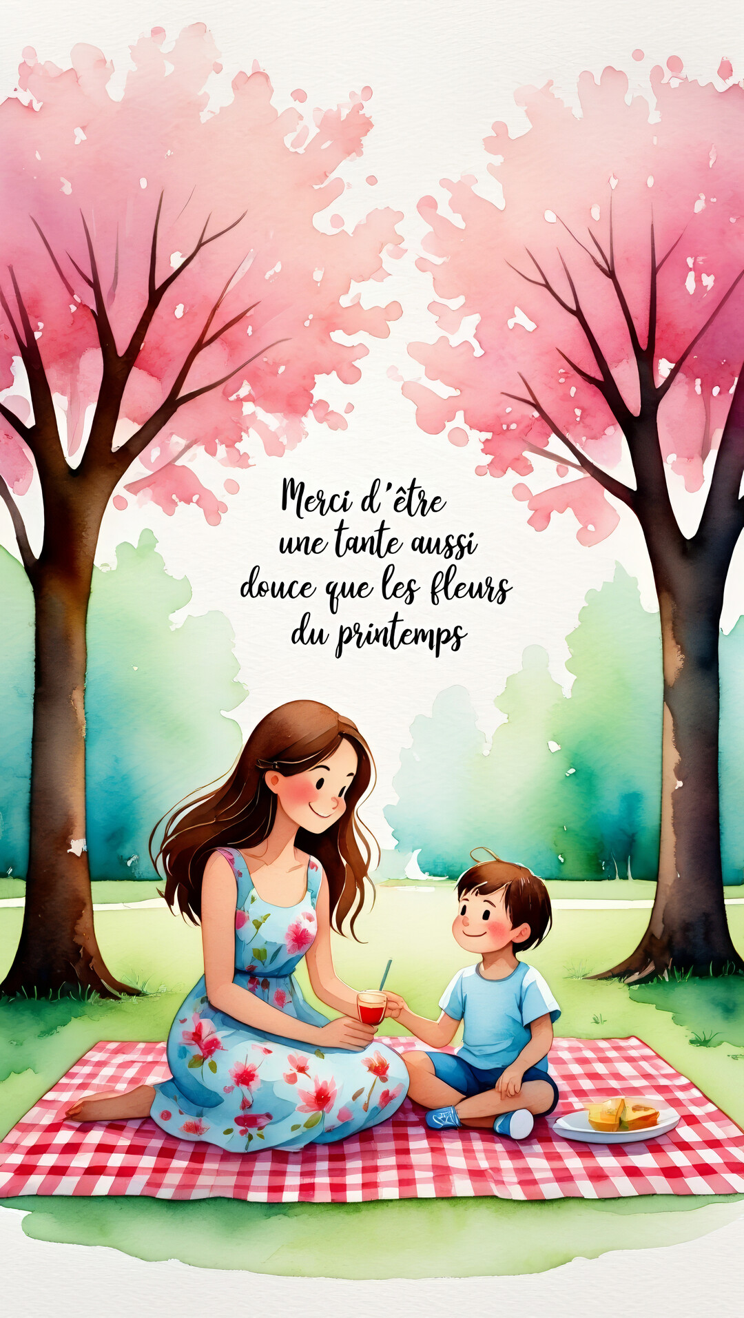 Une femme et un jeune garçon sont assis sur une nappe de pique-nique sous des cerisiers roses en fleurs, partageant un moment tendre.