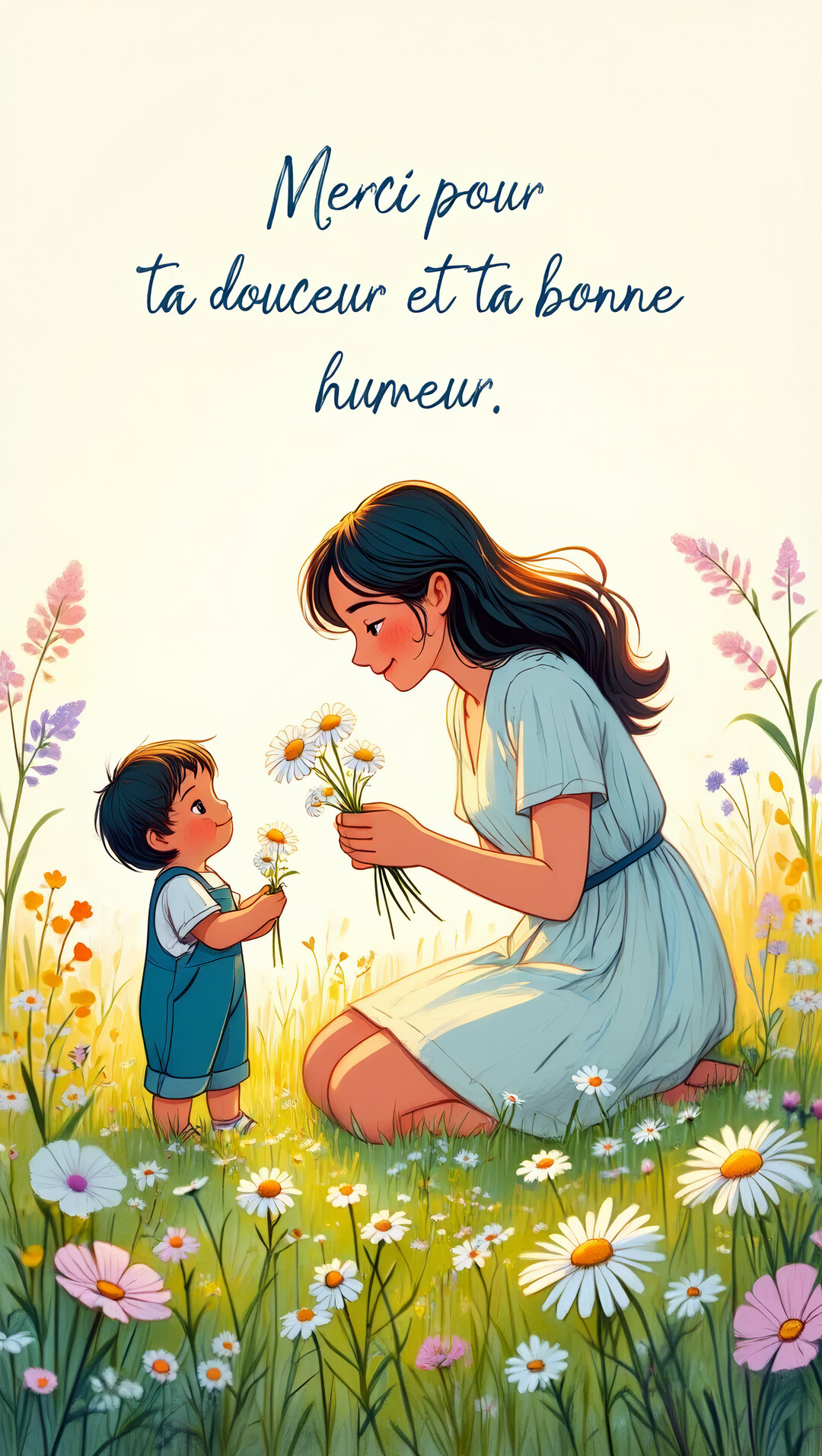 Dans un style illustré, une femme et un jeune enfant souriants s'échangent des marguerites au milieu d'une prairie fleurie sous une lumière douce.