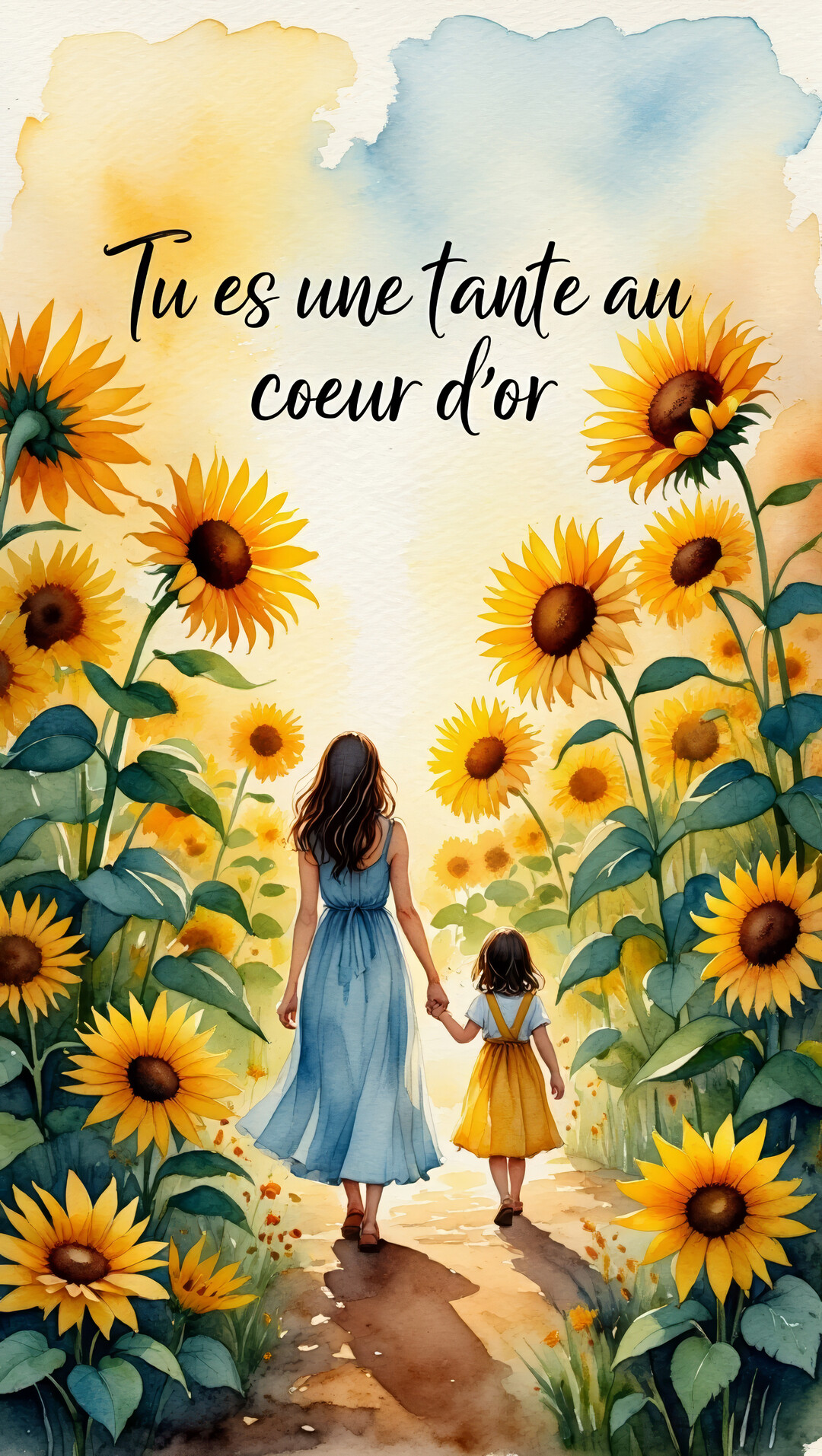 Une femme et une petite fille se tiennent la main et marchent de dos dans un champ ensoleillé de tournesols, dans un style aquarelle.