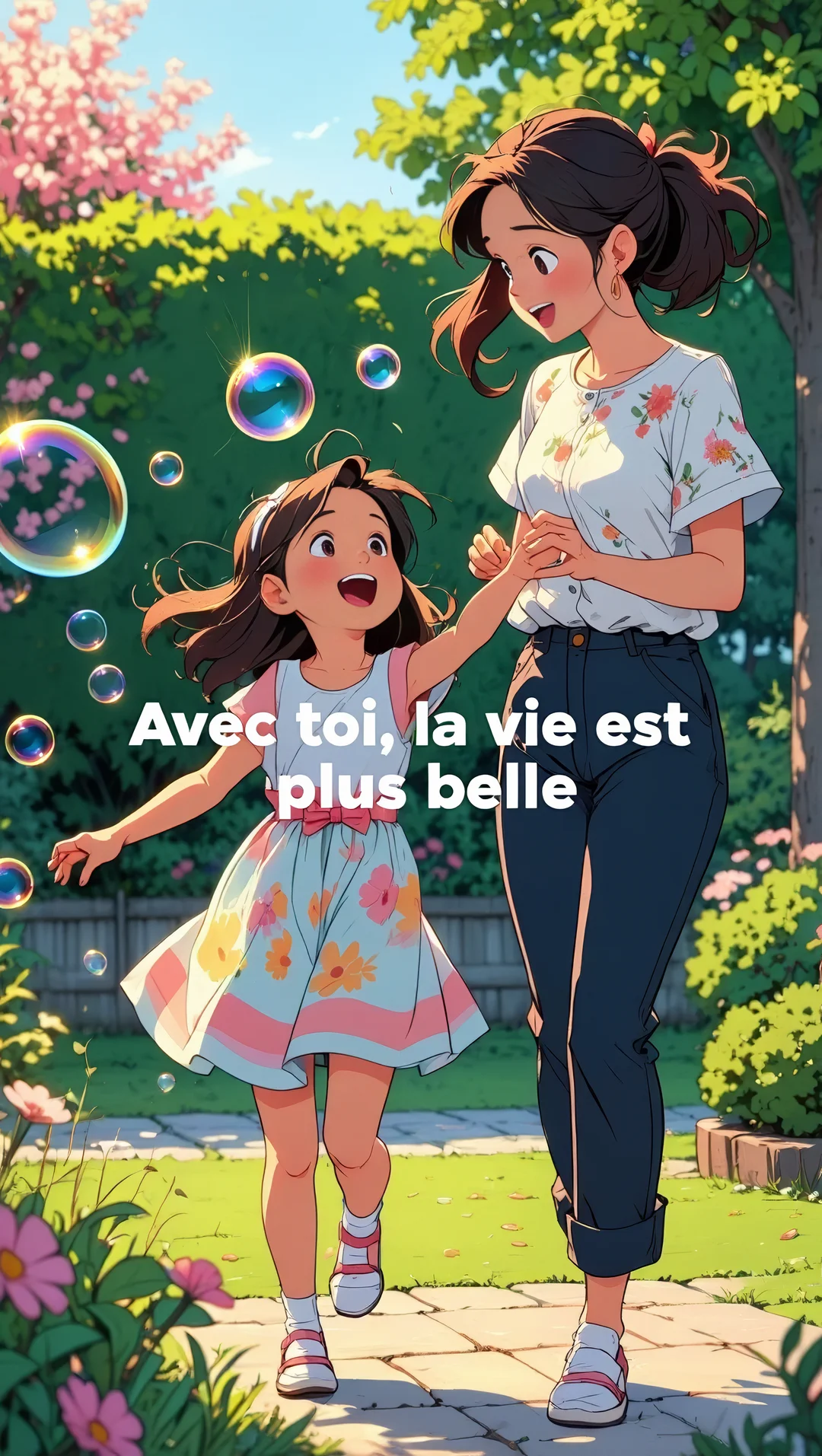 Illustration style manga d'une femme et d'une petite fille souriantes marchant main dans la main dans un jardin verdoyant rempli de bulles.