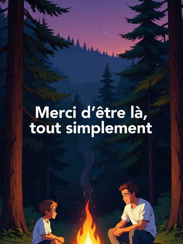 Carte de remerciement illustrant un homme et un garçon assis autour d'un feu de camp en forêt la nuit, avec le texte 'Merci d'être là, tout simplement'.