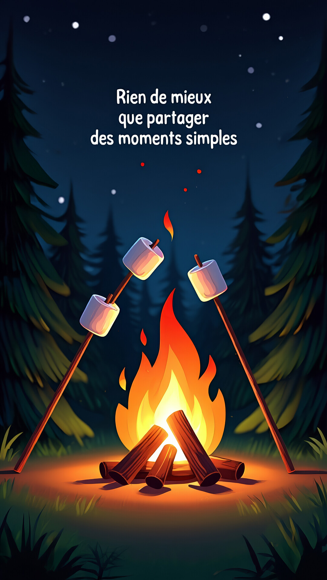 Illustration nocturne d'un feu de camp crépitant dans une forêt de sapins, où trois guimauves sont en train de griller au bout de bâtons.