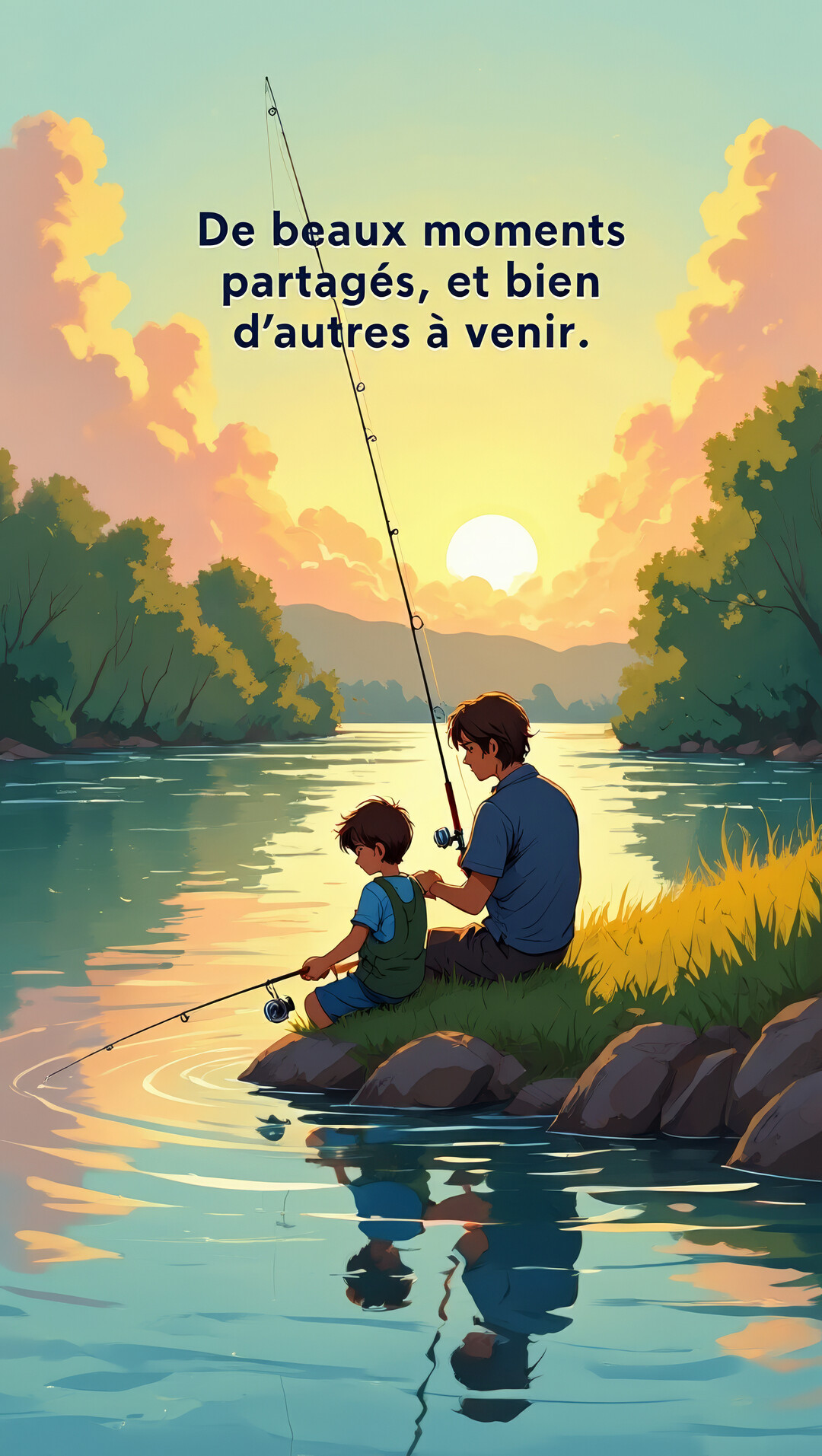 Illustration d'un homme et d'un jeune garçon assis au bord de l'eau, tenant des cannes à pêche au coucher du soleil.